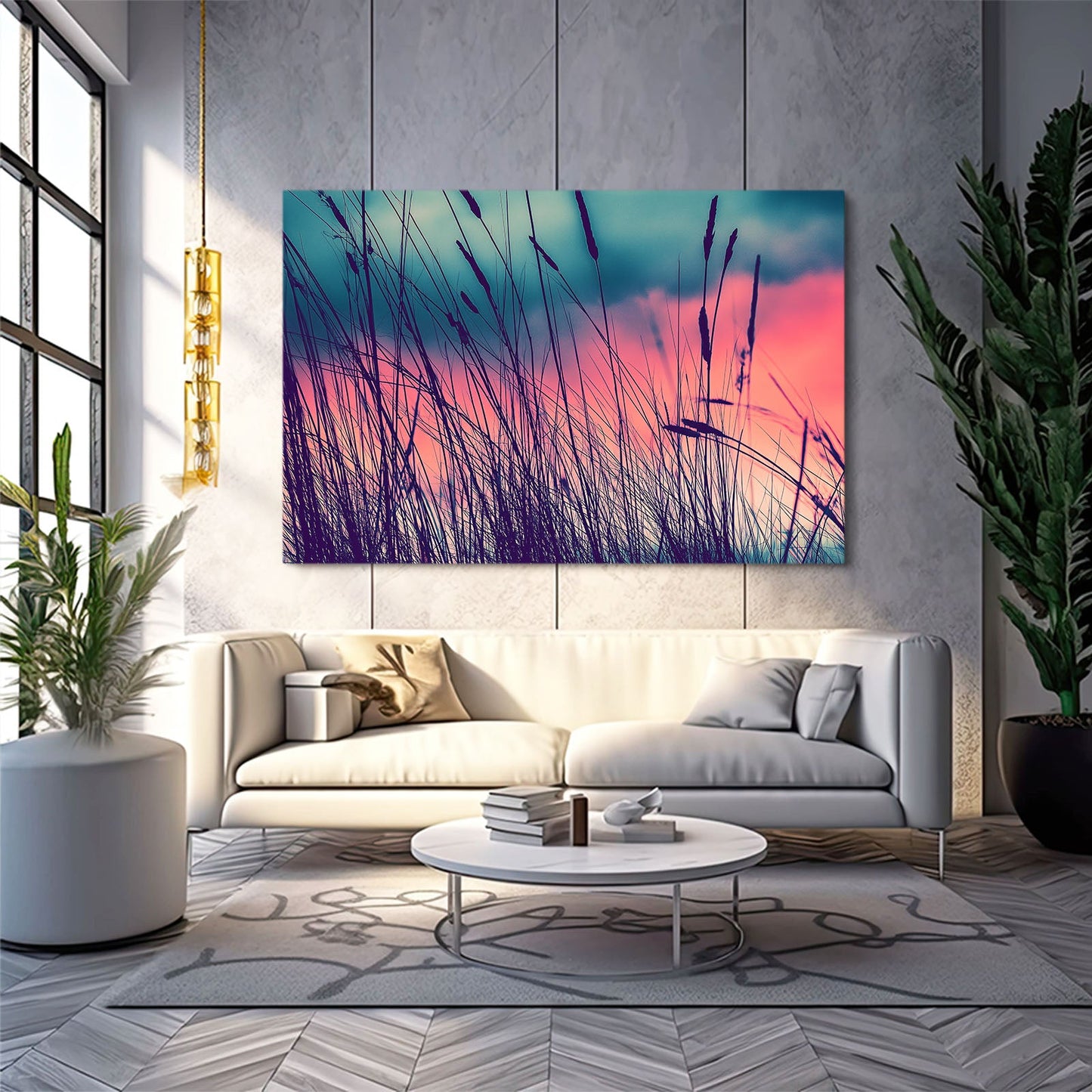 Violet Grass Photography Art Prints – above a white sofa in a bright loft
