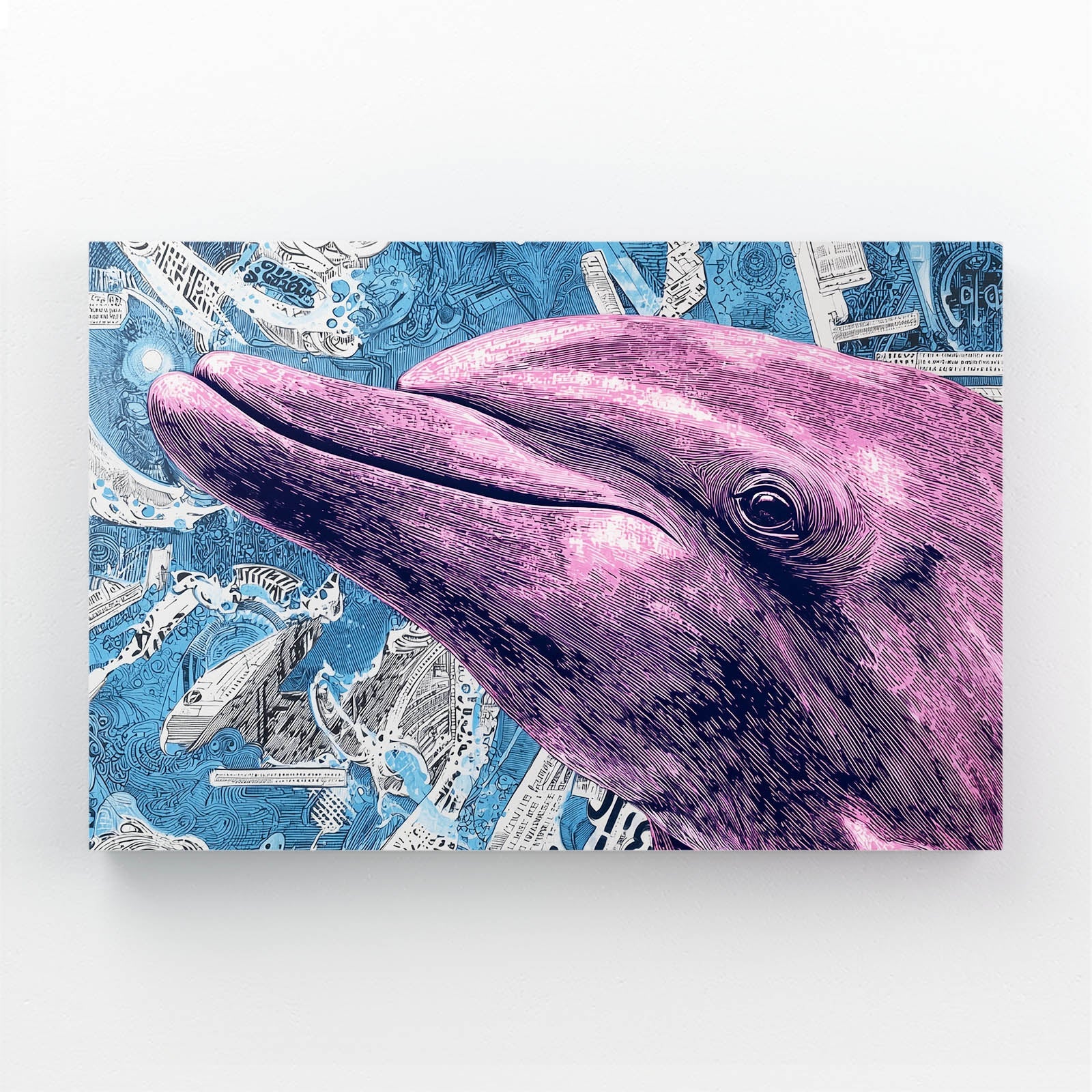 Violet Halftone Dolphin Art – dolphin head in violet halftone dots over a newsprint collage background