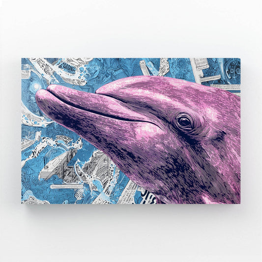 Violet Halftone Dolphin Art – dolphin head in violet halftone dots over a newsprint collage background