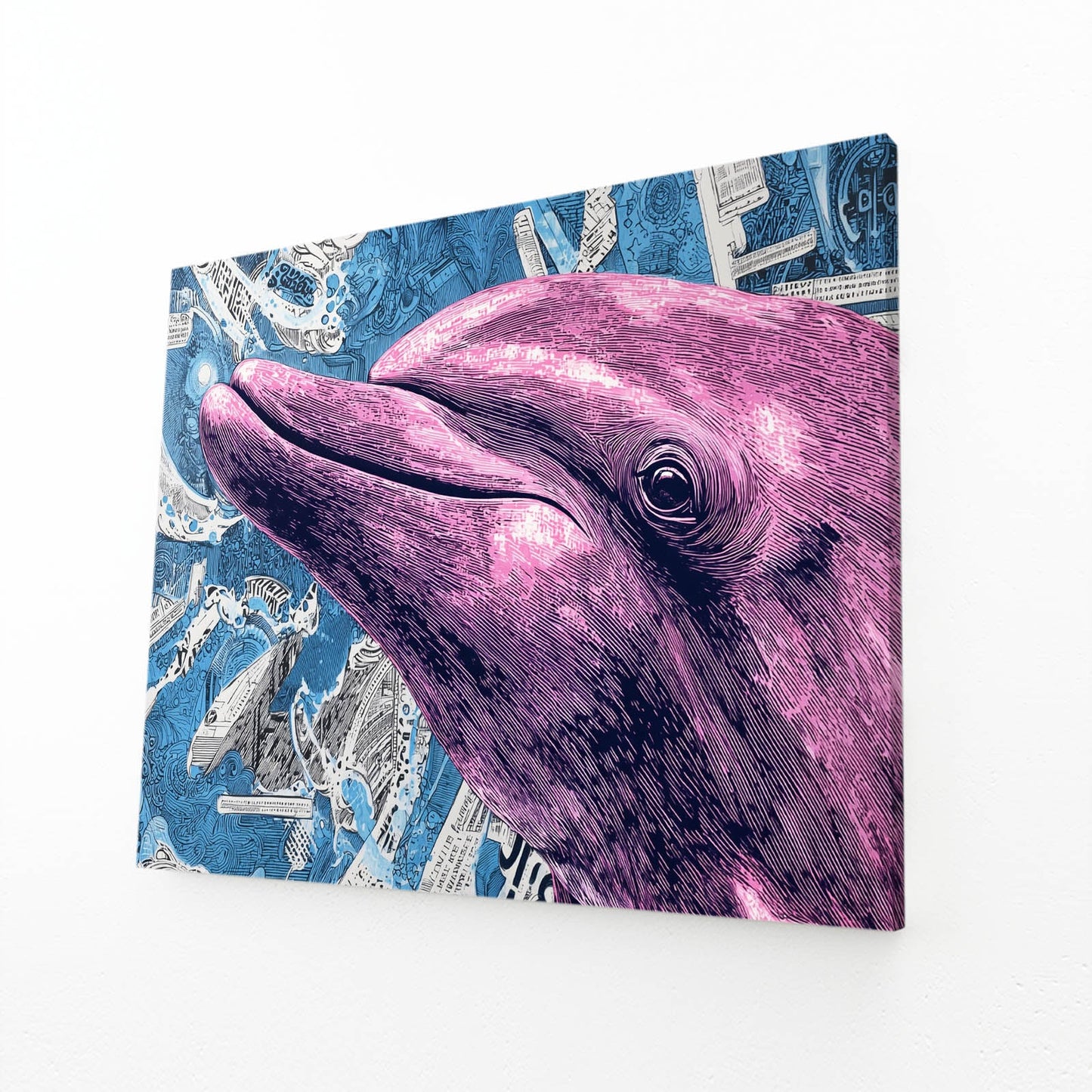 Violet Halftone Dolphin Art – angled canvas view on white background