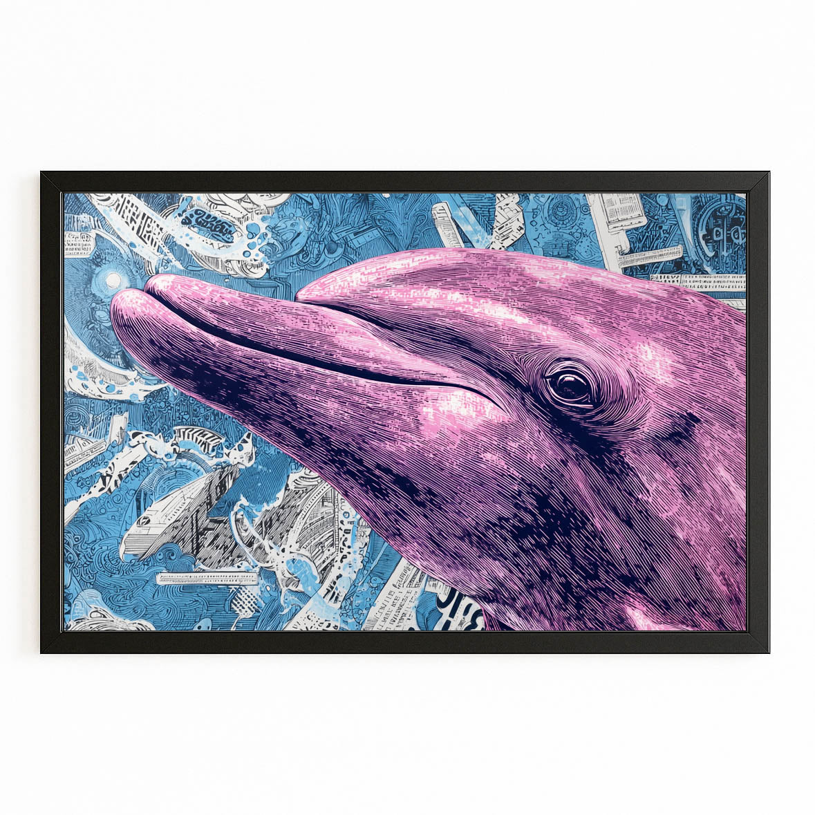 Violet Halftone Dolphin Art – with Premium Black wood frame on white background