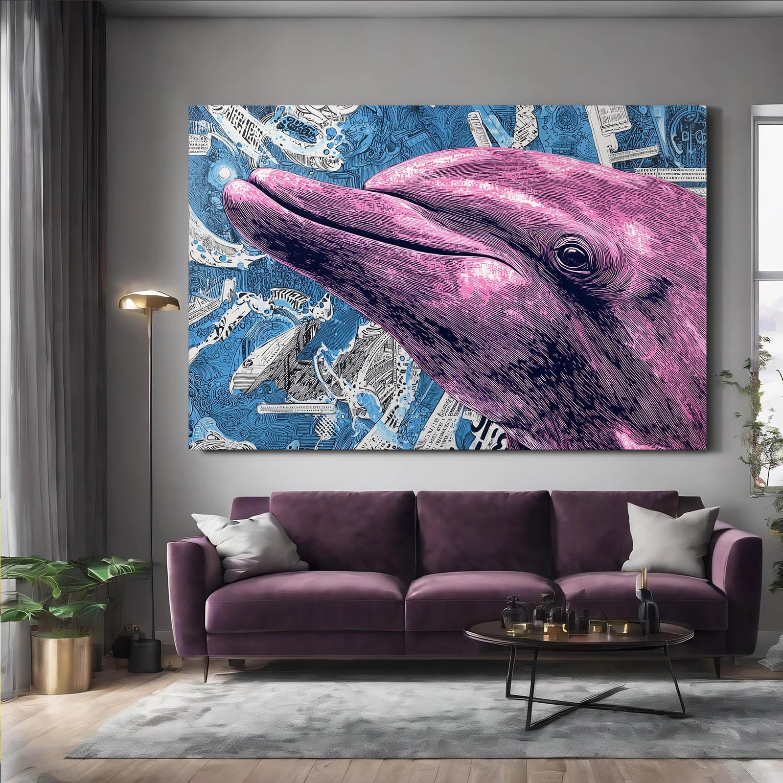 Violet Halftone Dolphin Art – styled in a furnished interior