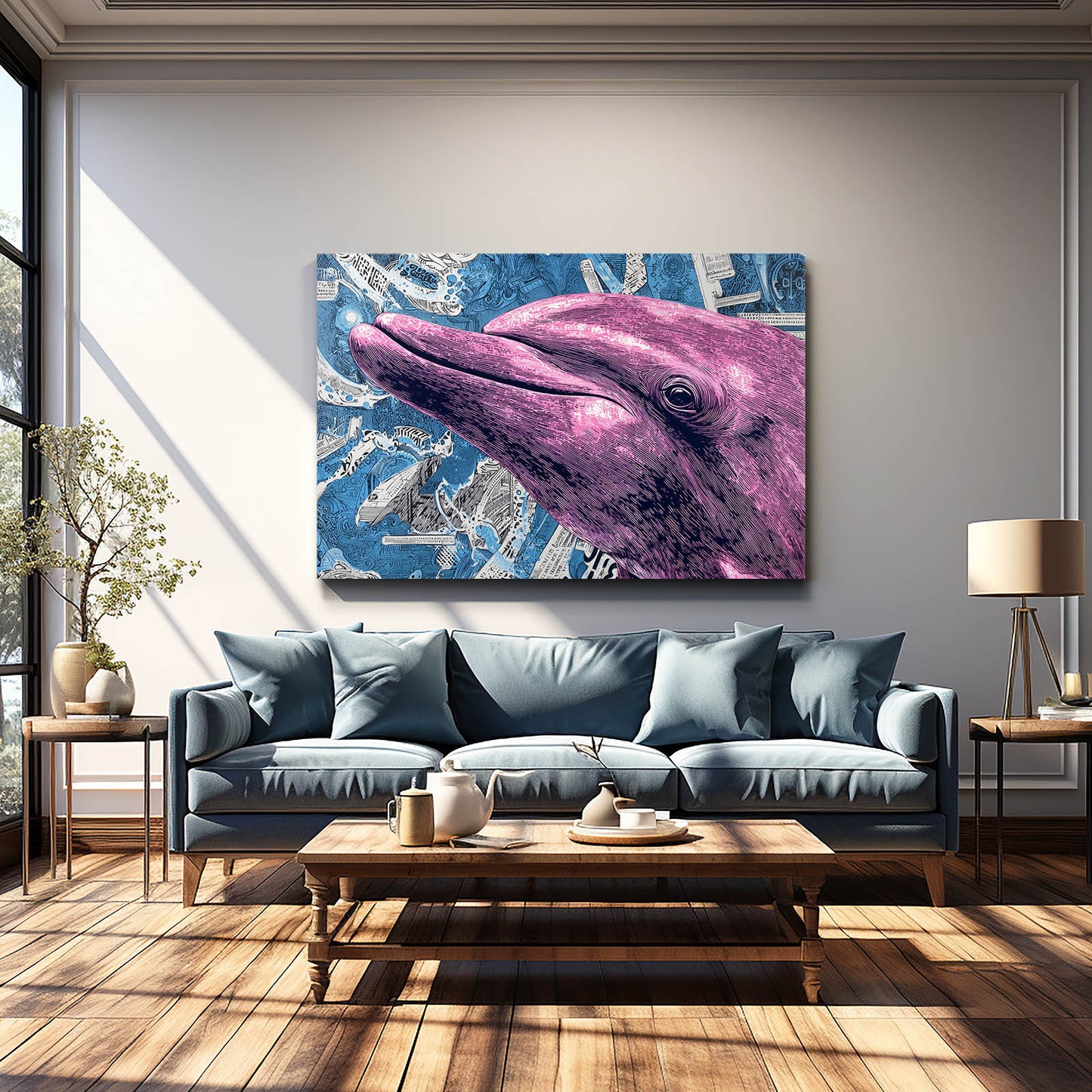 Violet Halftone Dolphin Art – styled in a furnished interior