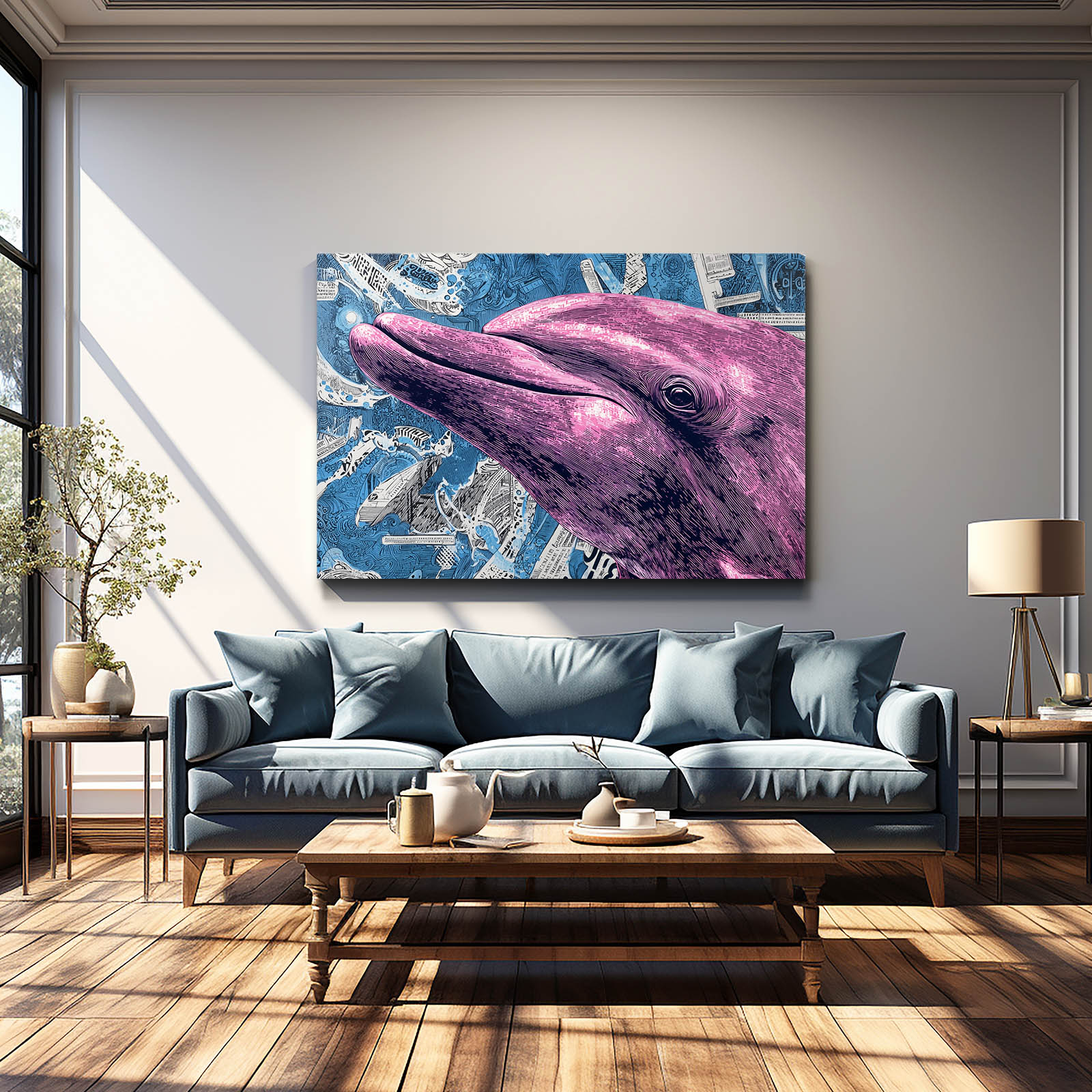 Violet Halftone Dolphin Art – styled in a furnished interior