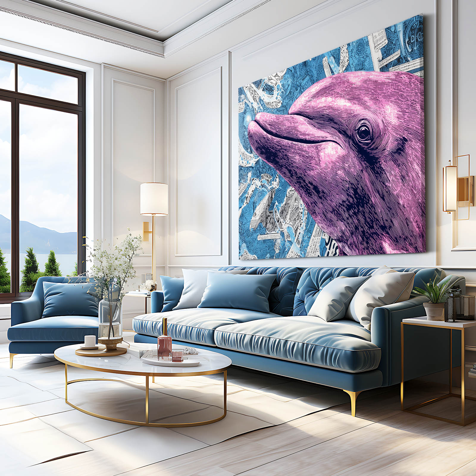 Violet Halftone Dolphin Art – styled in a furnished interior