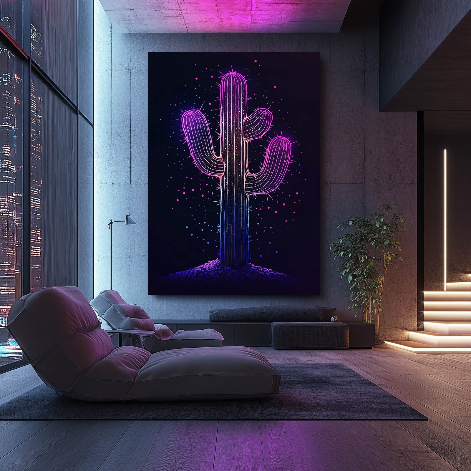 Violet Neon Outline Cactus Canvas – styled in a furnished interior