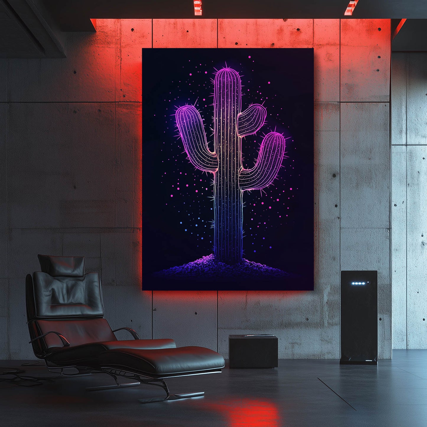 Violet Neon Outline Cactus Canvas – styled in a furnished interior