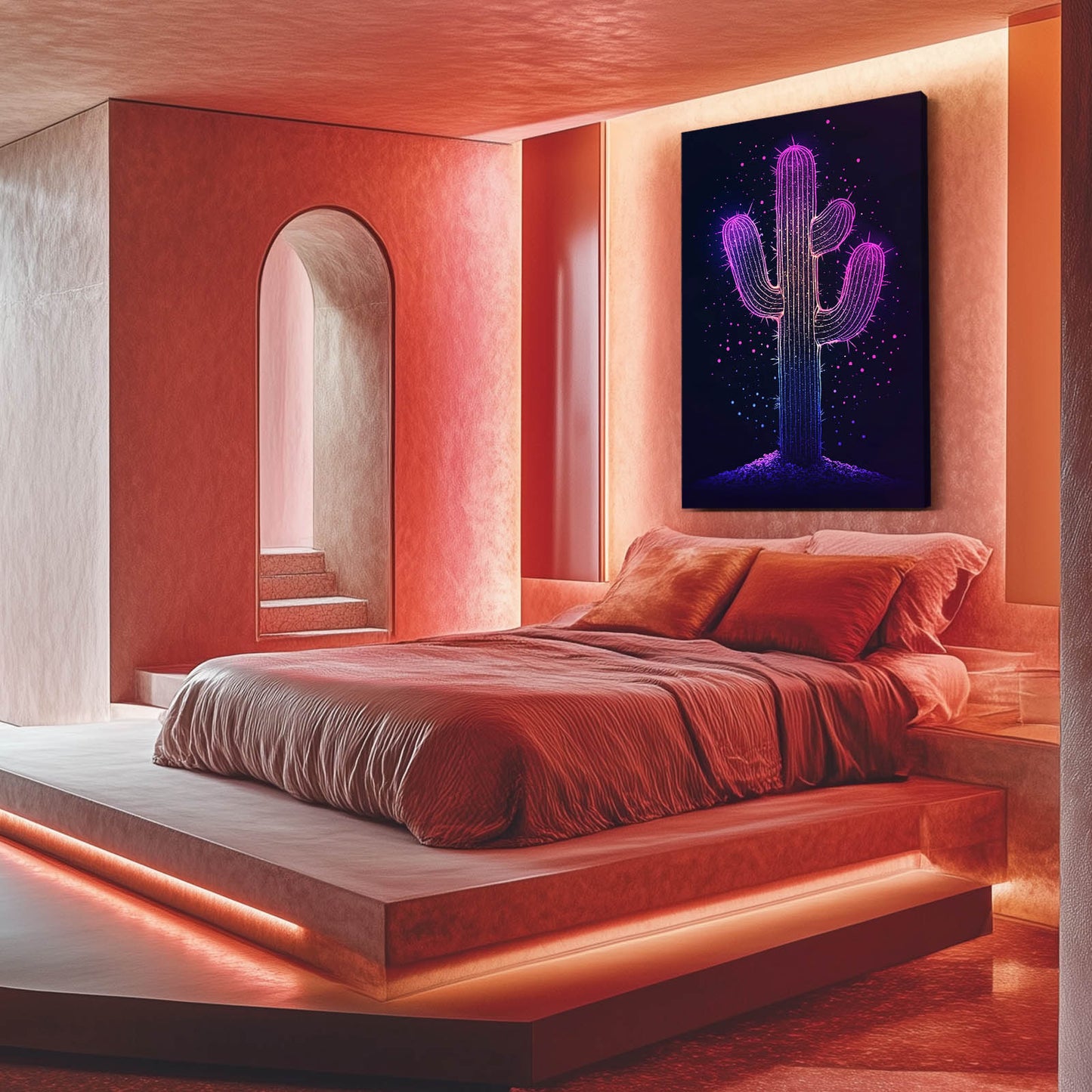 Violet Neon Outline Cactus Canvas – styled in a furnished interior