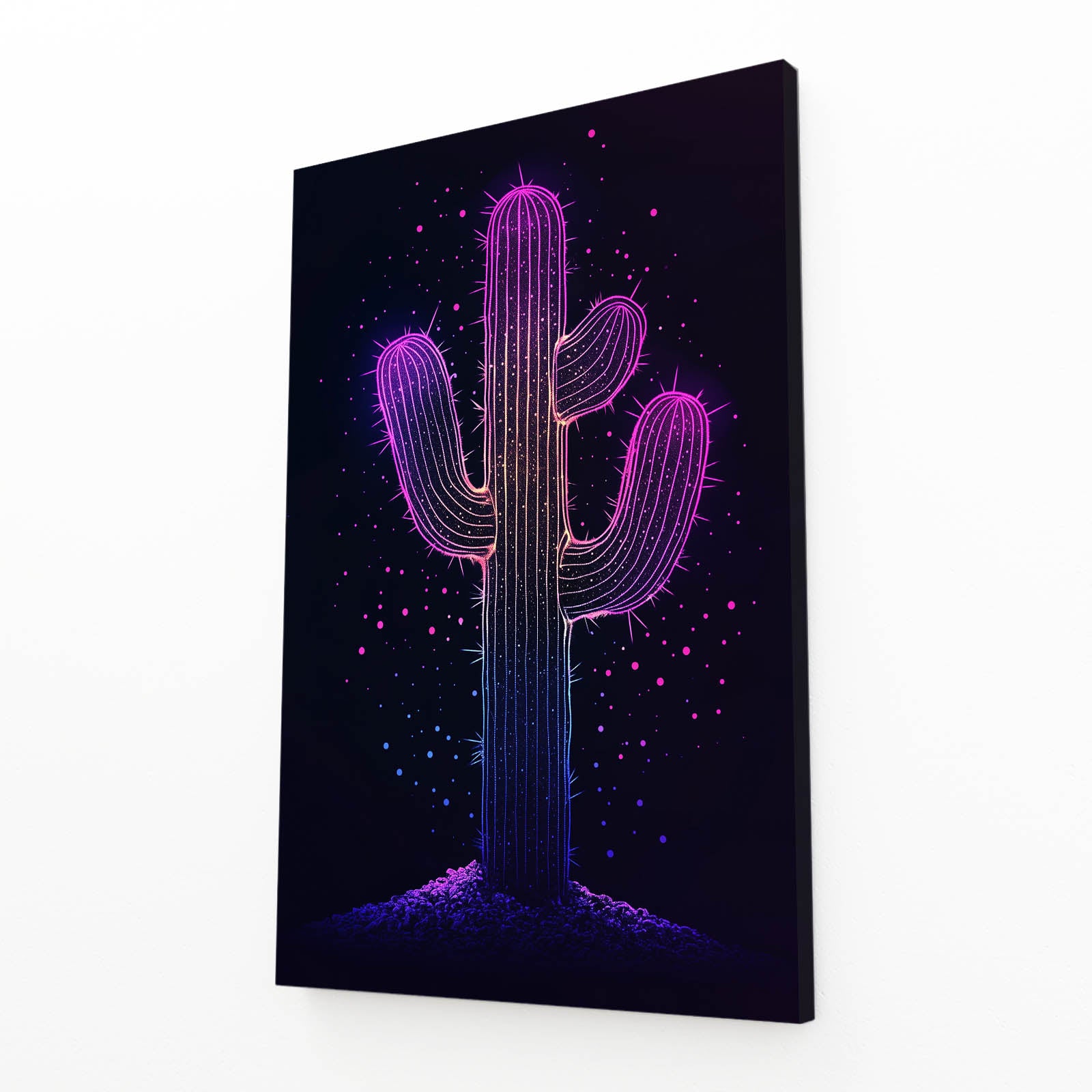 Violet Neon Outline Cactus Canvas – angled canvas view on white background