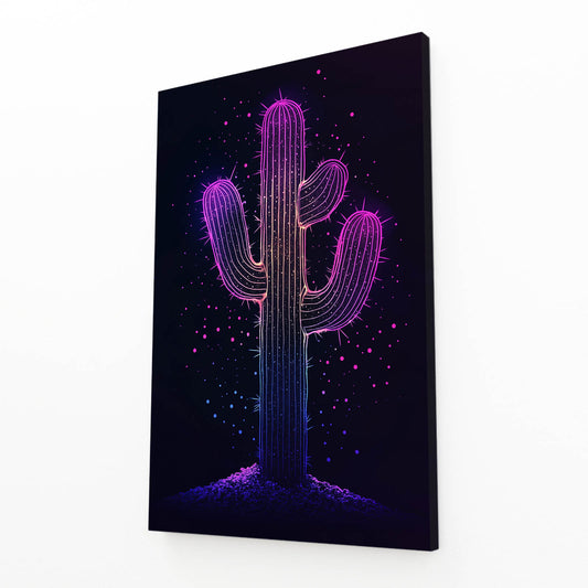 Violet Neon Outline Cactus Canvas – angled canvas view on white background