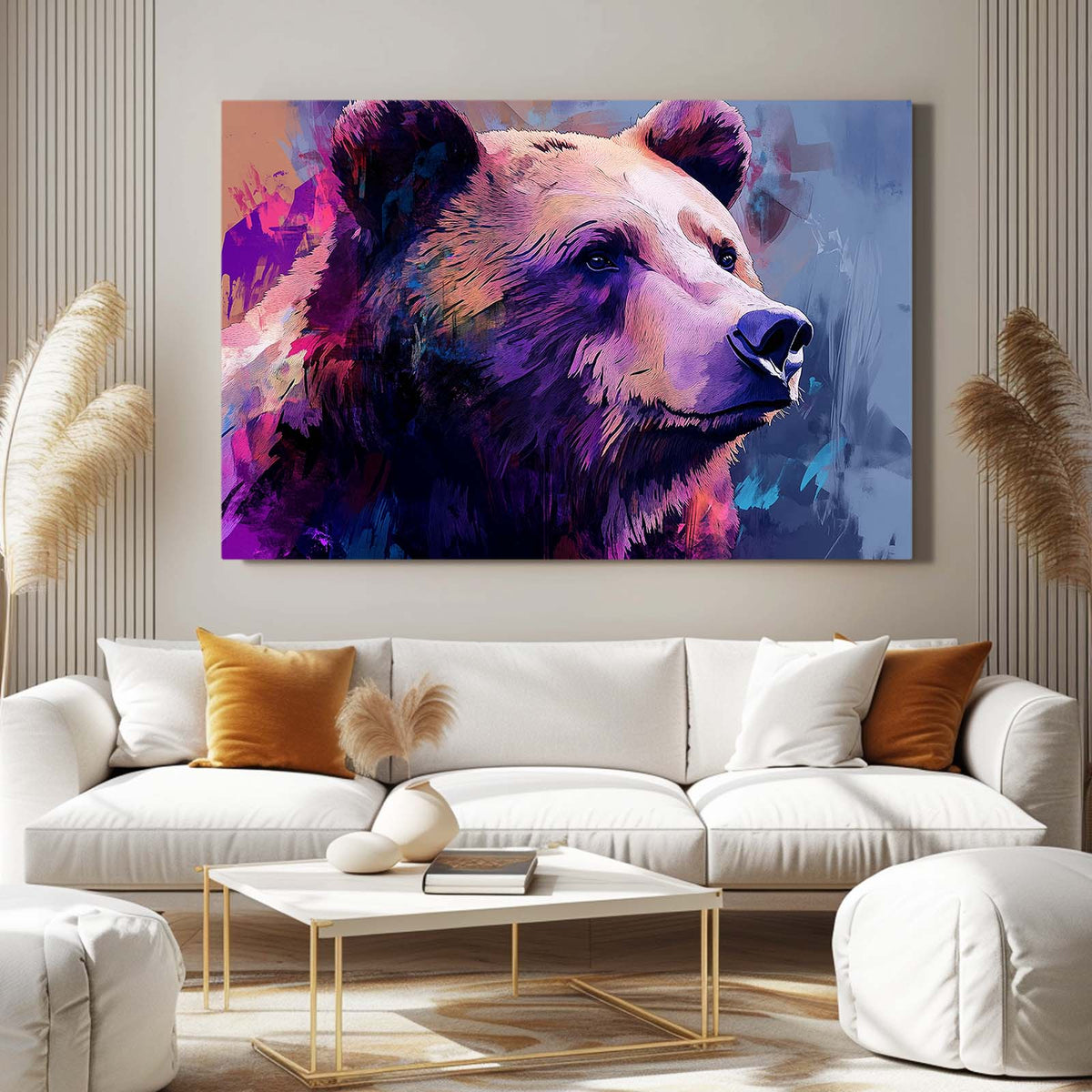 Violet Ridge Profile Bear Wall Decor — abstract canvas print, styled in a furnished interior
