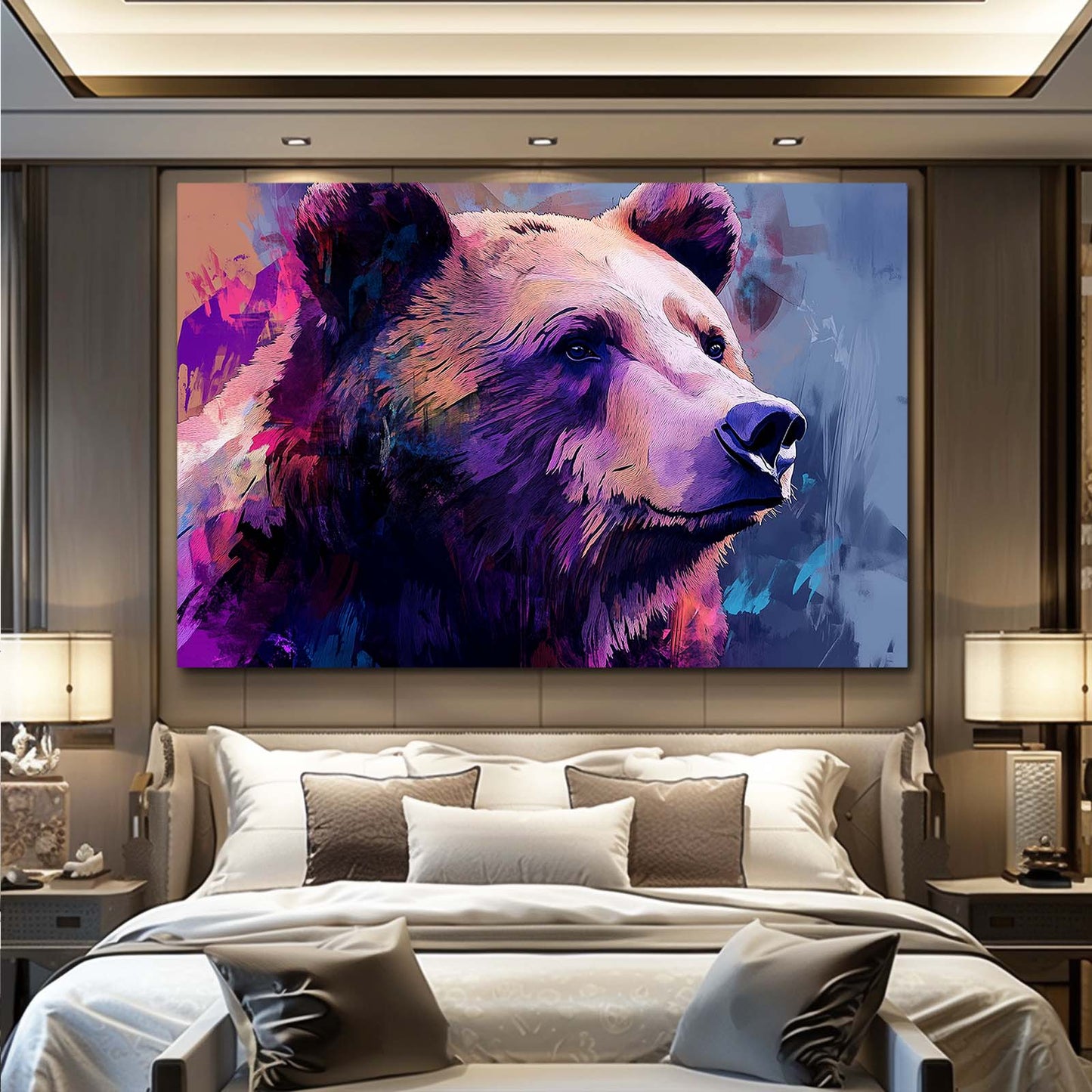Violet Ridge Profile Bear Wall Decor — abstract canvas print, styled in a furnished interior