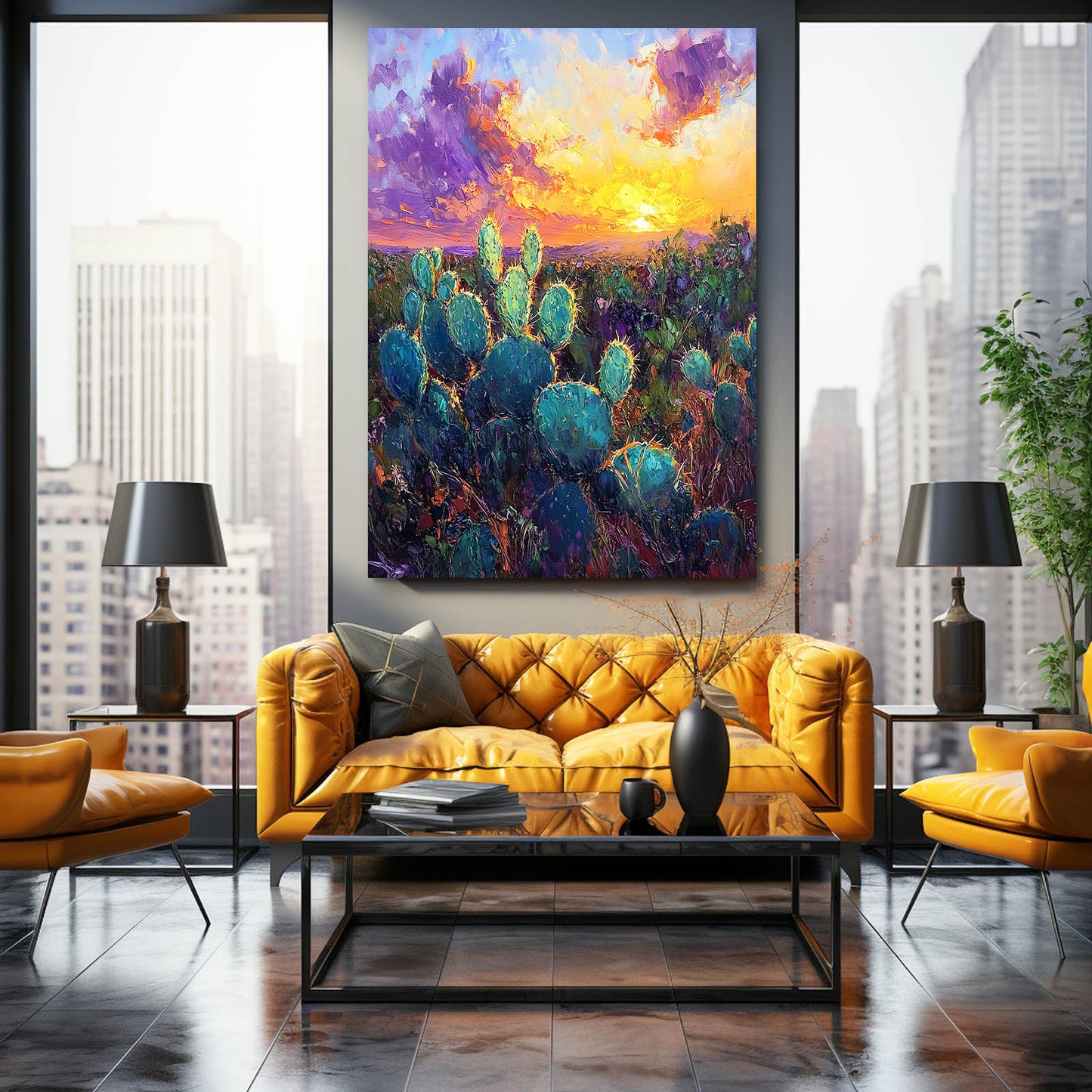 Violet Sunset Field Cactus Canvas – styled in a furnished interior