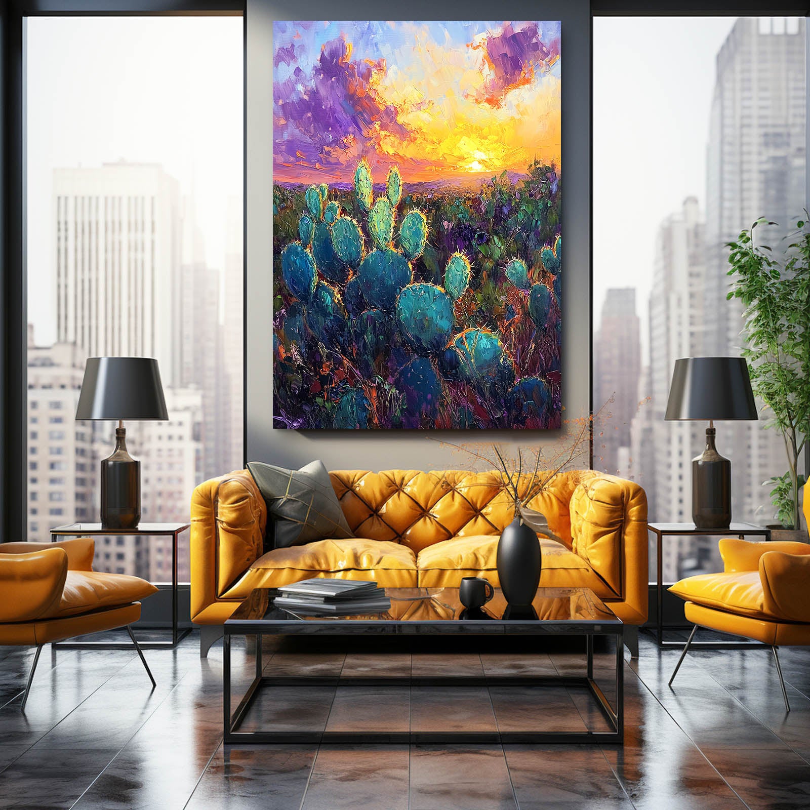 Violet Sunset Field Cactus Canvas – styled in a furnished interior
