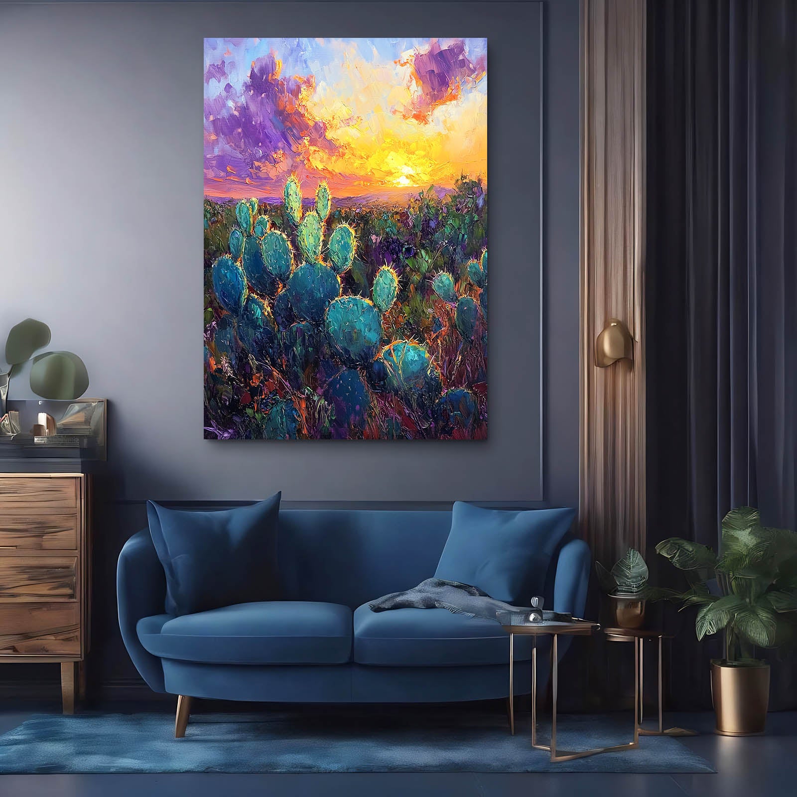 Violet Sunset Field Cactus Canvas – styled in a furnished interior