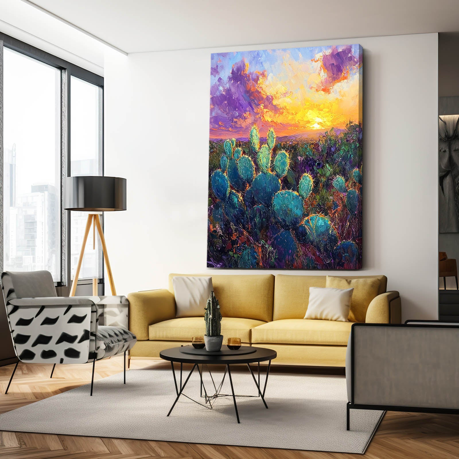 Violet Sunset Field Cactus Canvas – styled in a furnished interior