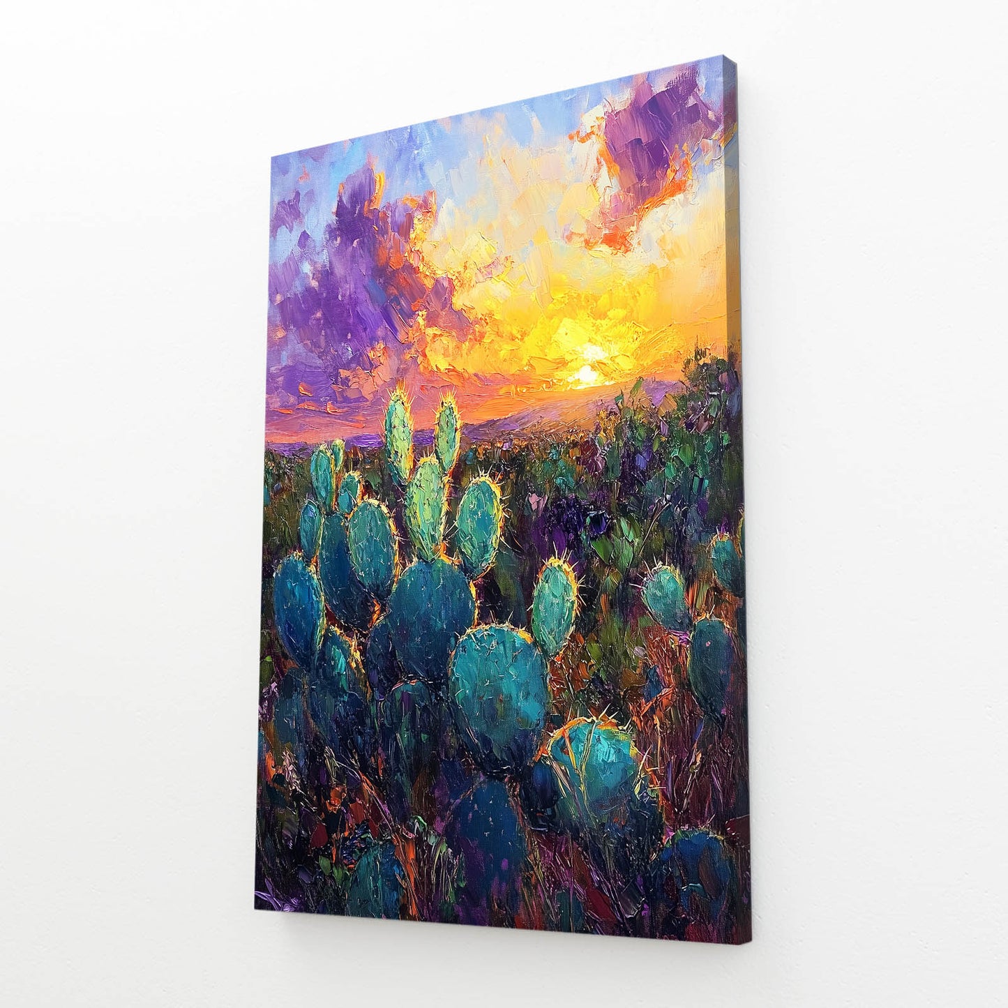 Violet Sunset Field Cactus Canvas – angled canvas view on white background
