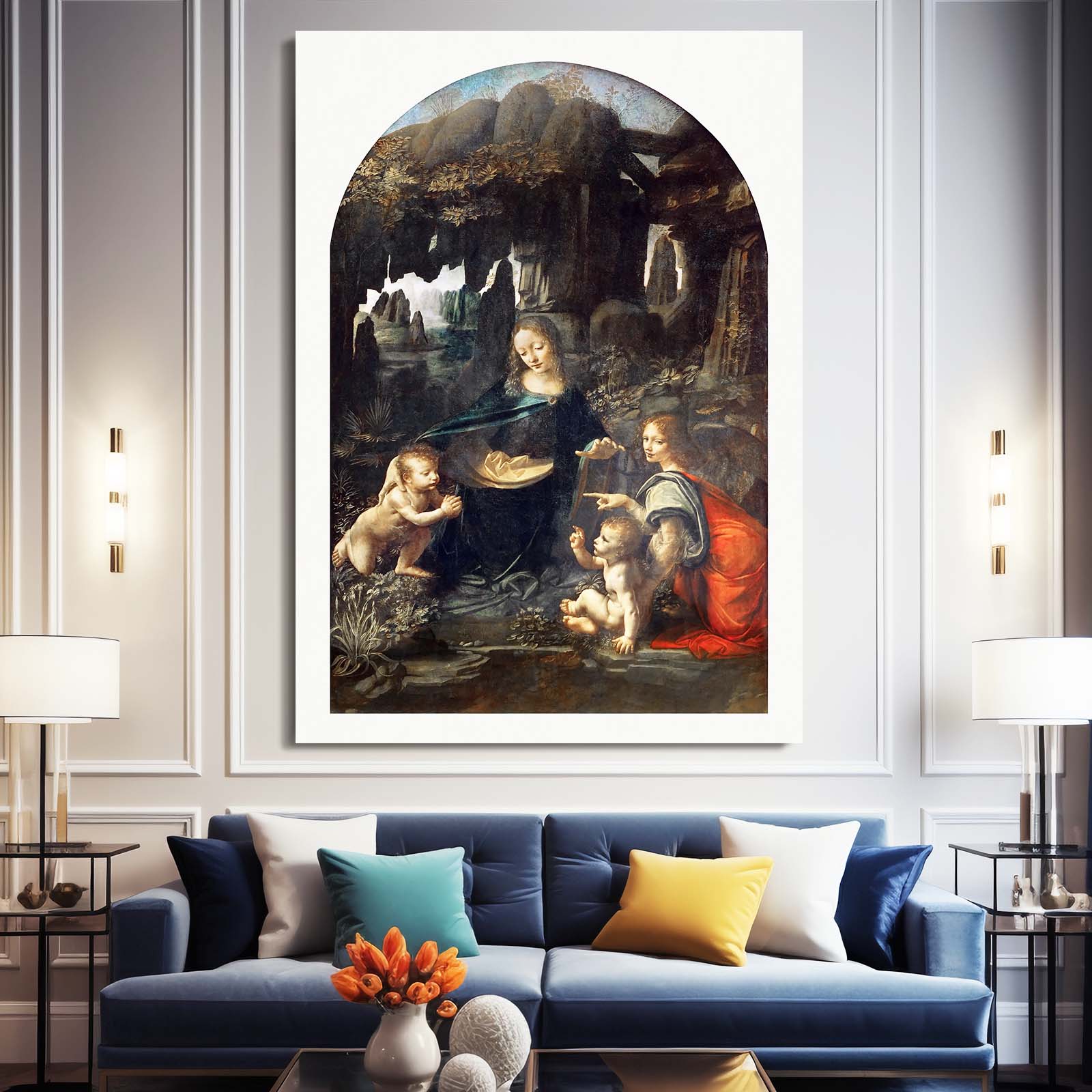 Virgin Of The Rocks Da Vinci Wall Decor – styled in a furnished interior