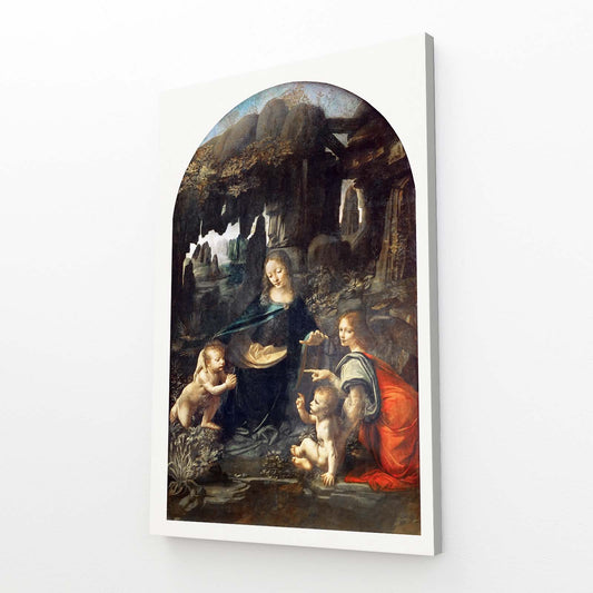 Virgin Of The Rocks Da Vinci Wall Decor — realism canvas print, angled canvas view on white background