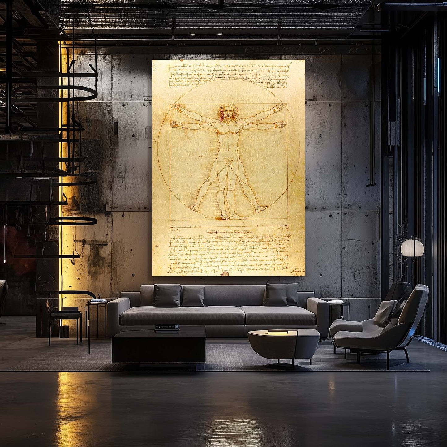 Vitruvian Man Manuscript Da Vinci Wall Decor – styled in a furnished interior