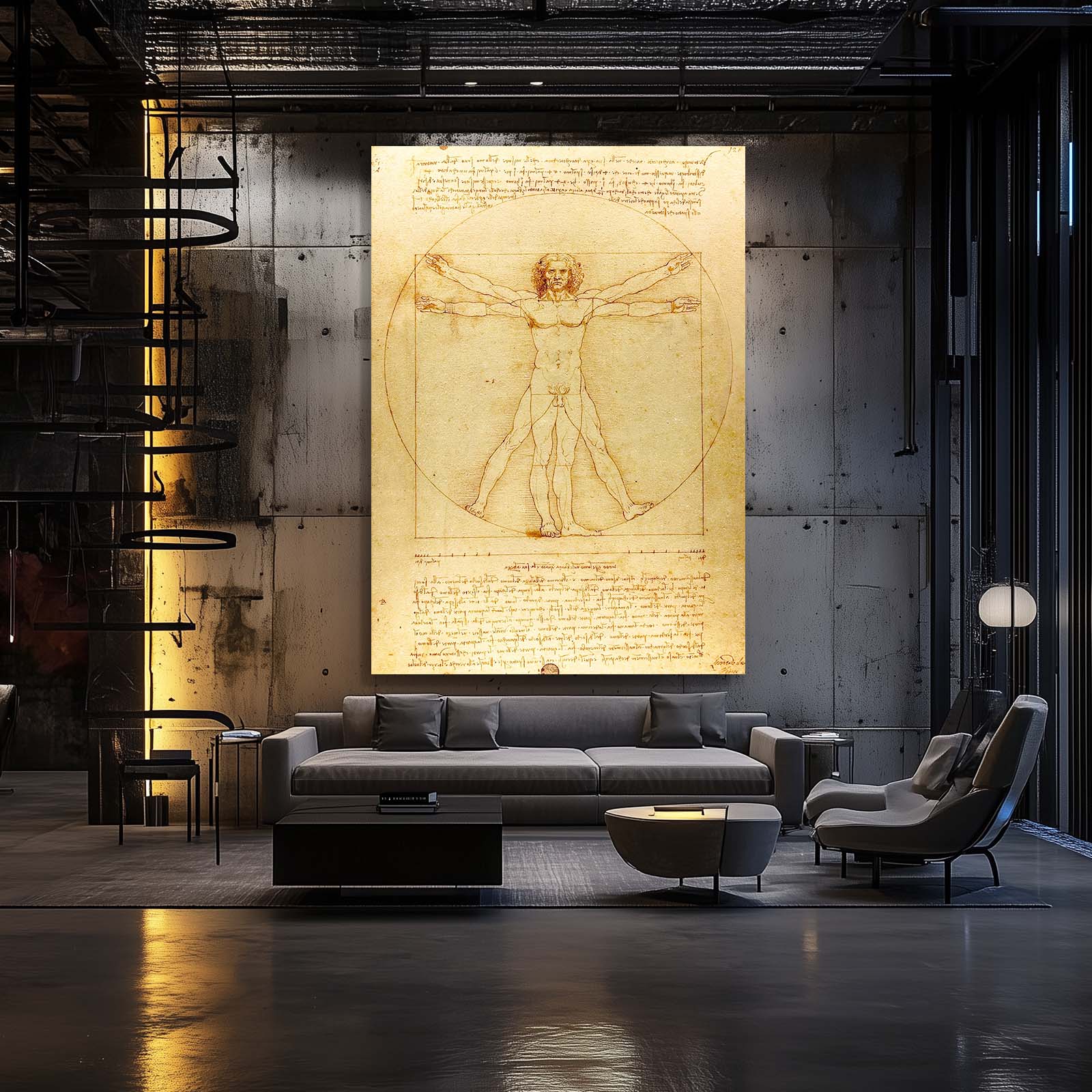 Vitruvian Man Manuscript Da Vinci Wall Decor – styled in a furnished interior