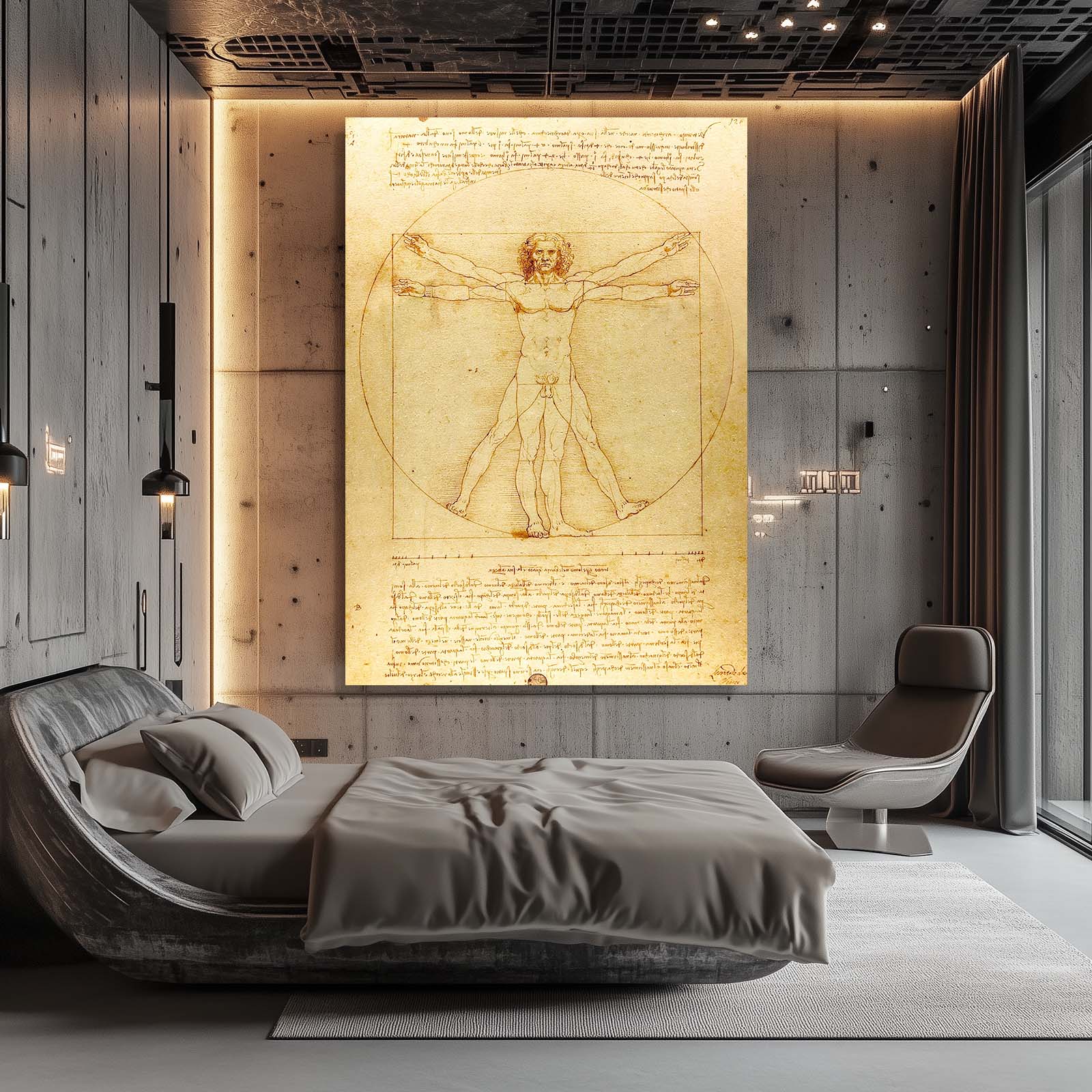 Vitruvian Man Manuscript Da Vinci Wall Decor – styled in a furnished interior