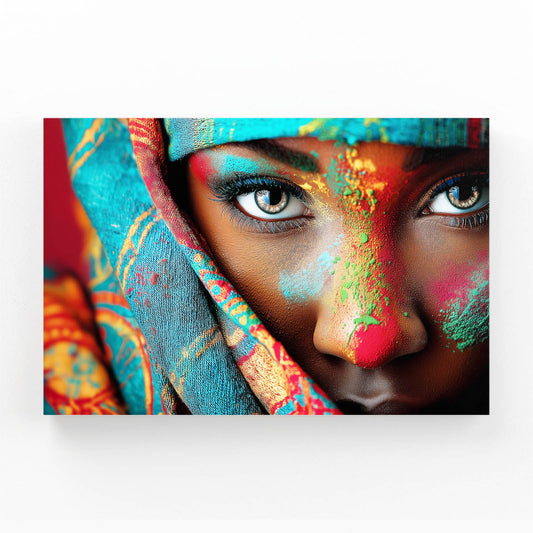 Vivid African Photography Wall Art – African woman's portrait with vivid color streaks and green eyes