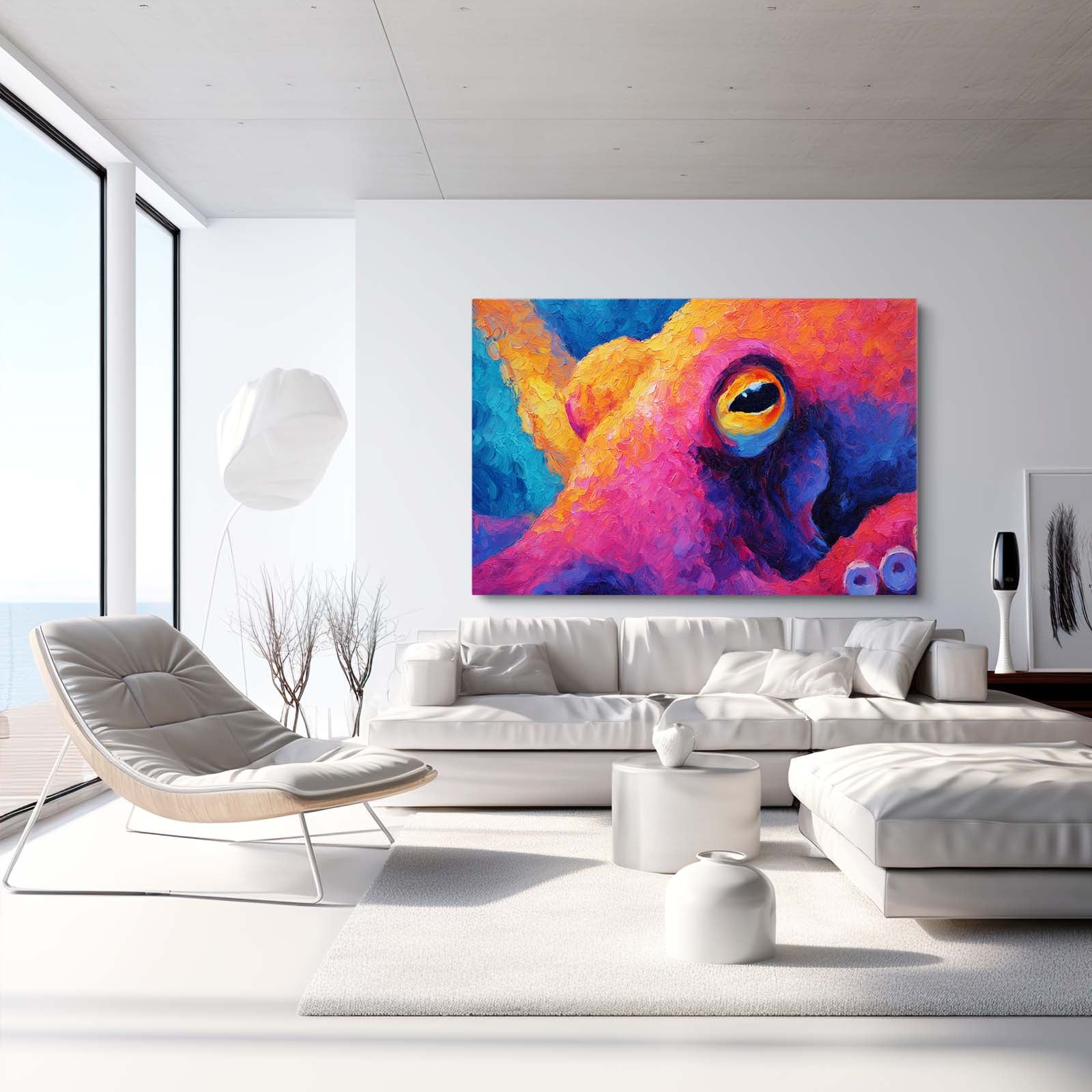 Vivid Color Field Octopus Canvas Art – styled in a furnished interior