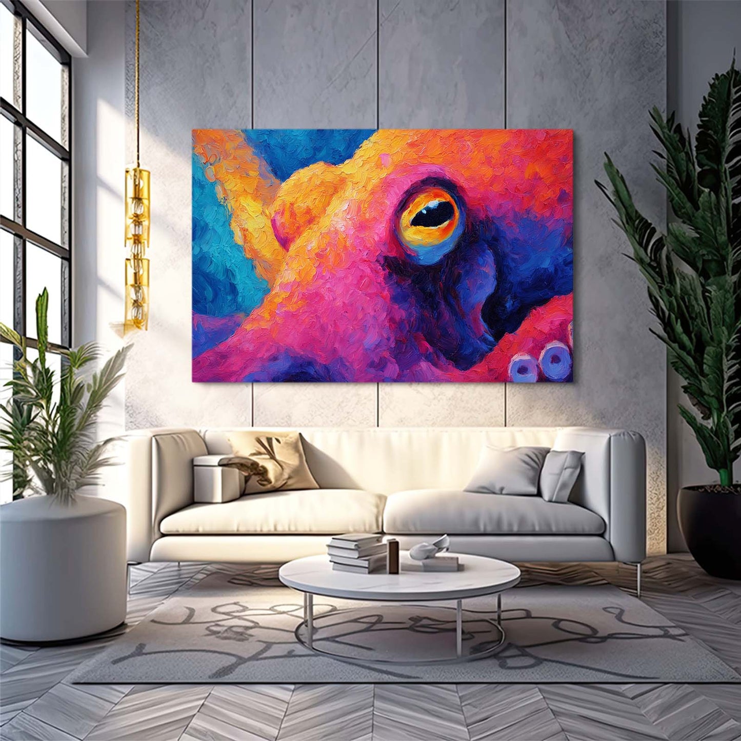 Vivid Color Field Octopus Canvas Art – styled in a furnished interior