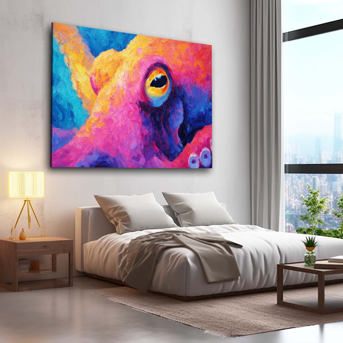 Vivid Color Field Octopus Canvas Art – styled in a furnished interior