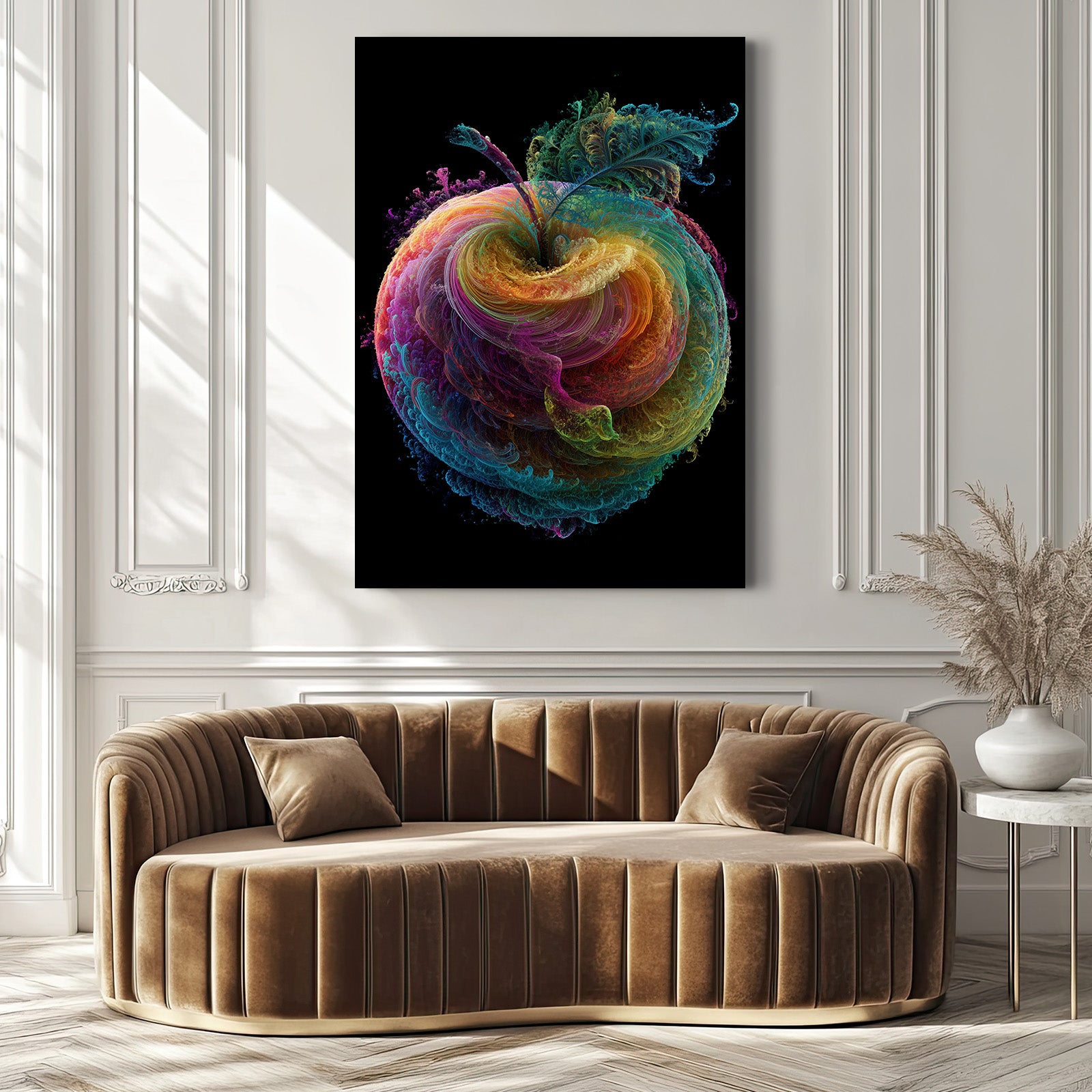 Vivid Color Swirl Apple Canvas – styled in a furnished interior