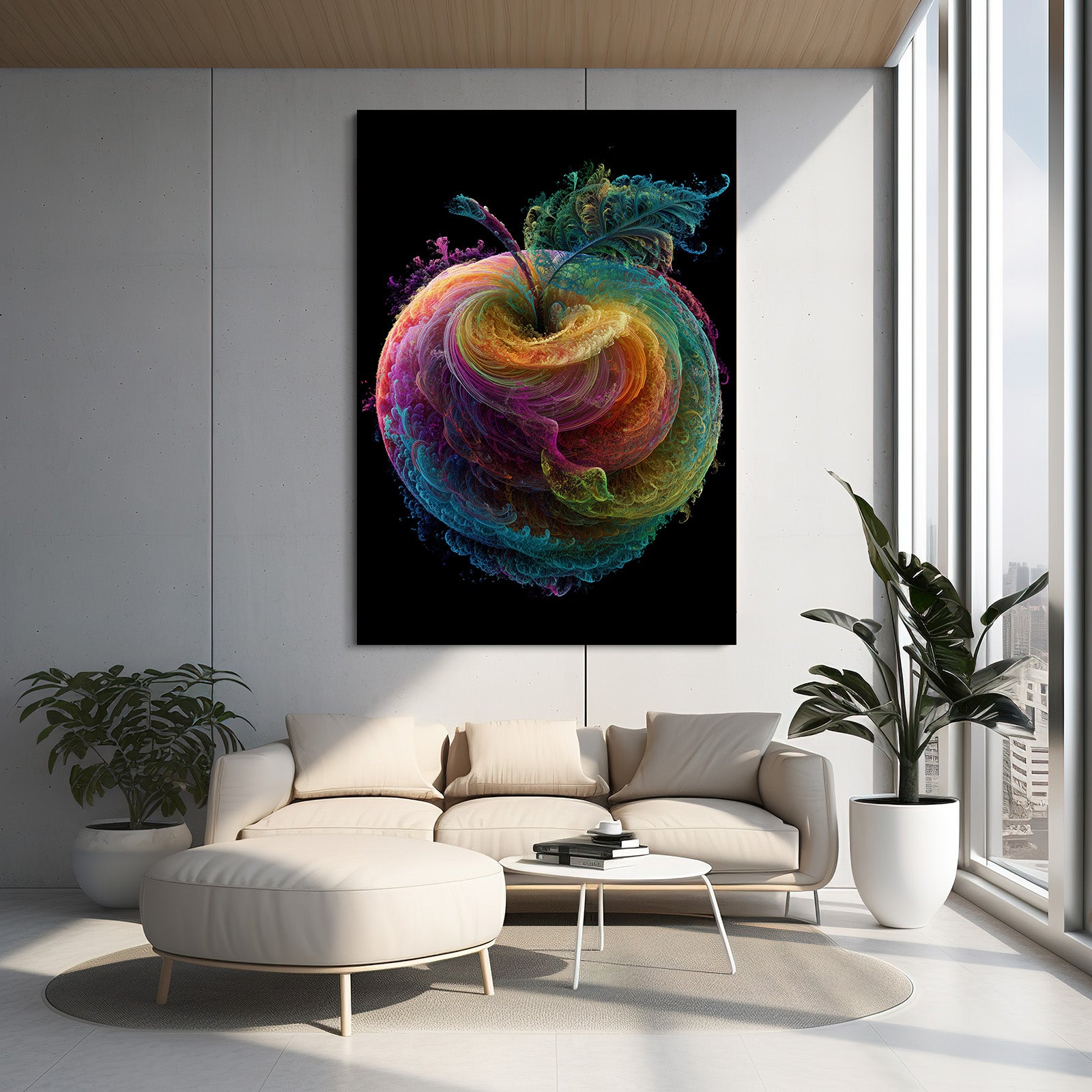 Vivid Color Swirl Apple Canvas – styled in a furnished interior