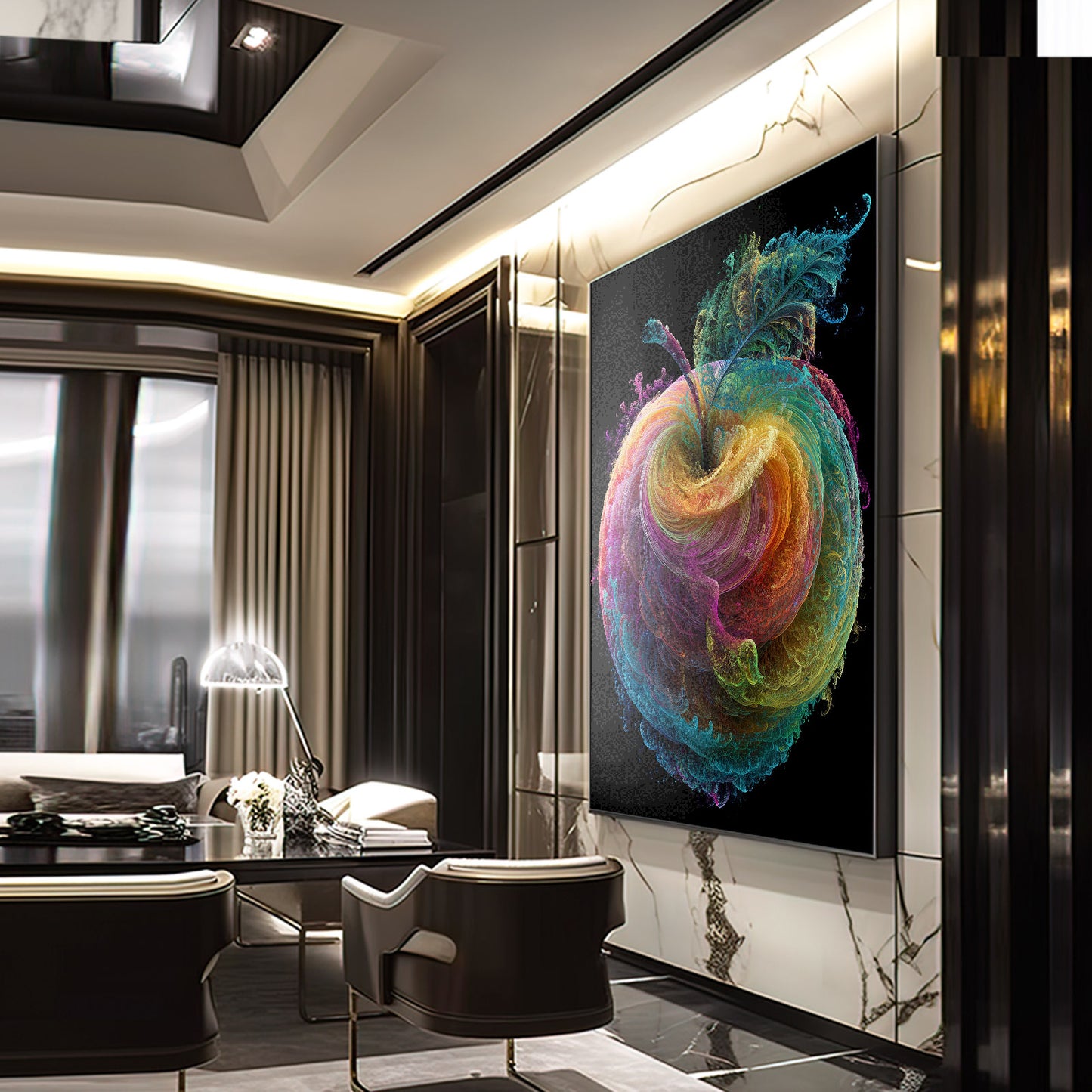 Vivid Color Swirl Apple Canvas – styled in a furnished interior