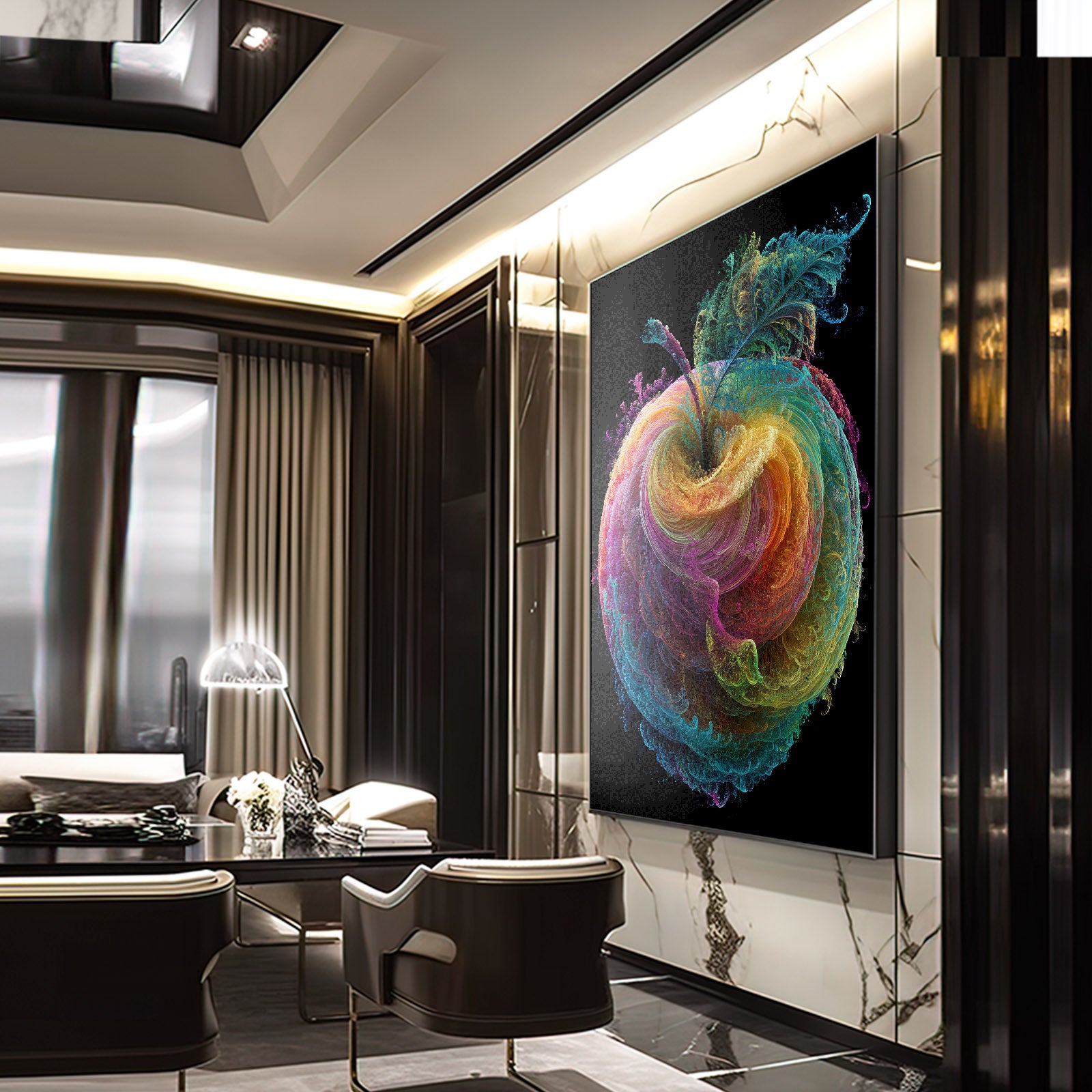 Vivid Color Swirl Apple Canvas – styled in a furnished interior
