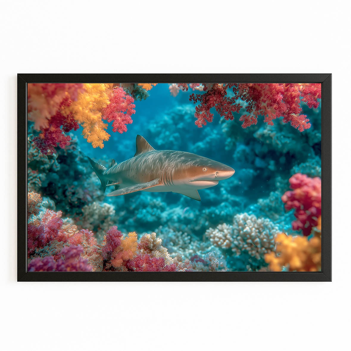 Vivid Coral Reef Shark Art – with Premium Black frame on white background