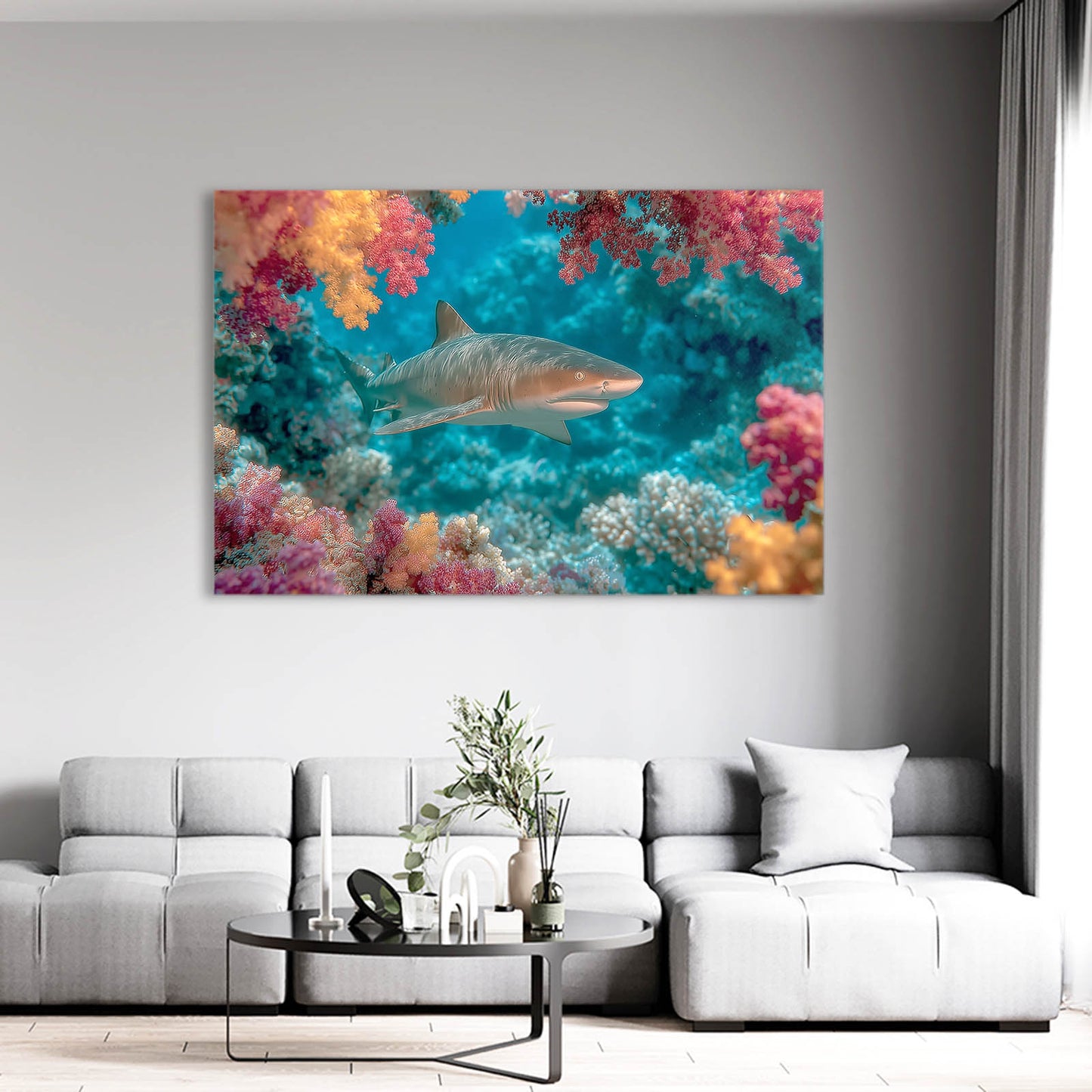 Vivid Coral Reef Shark Art – styled in a furnished interior