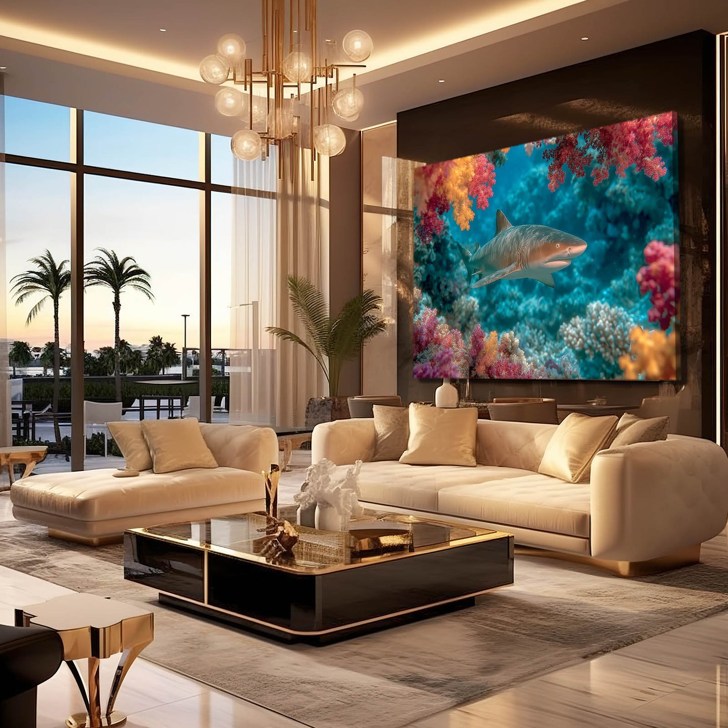 Vivid Coral Reef Shark Art – styled in a furnished interior
