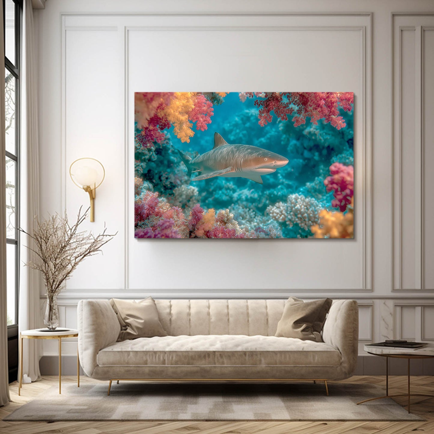 Vivid Coral Reef Shark Art – styled in a furnished interior