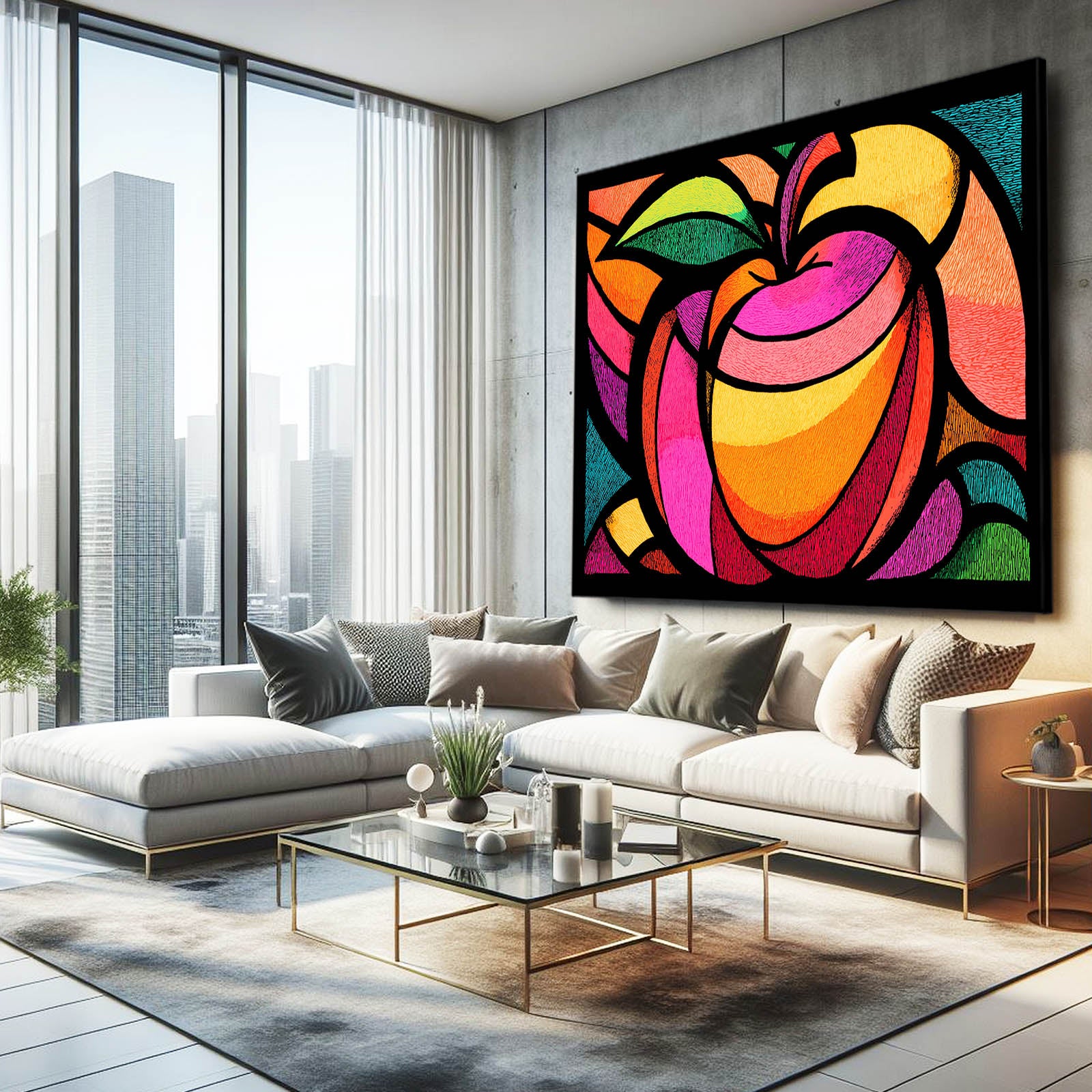 Vivid Glass Panels Apple Canvas Art – styled in a furnished interior