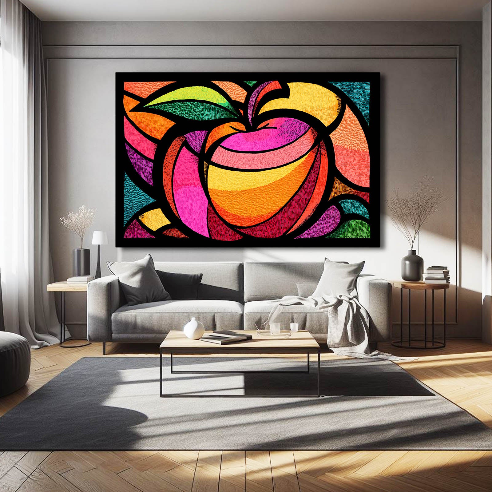 Vivid Glass Panels Apple Canvas Art – styled in a furnished interior
