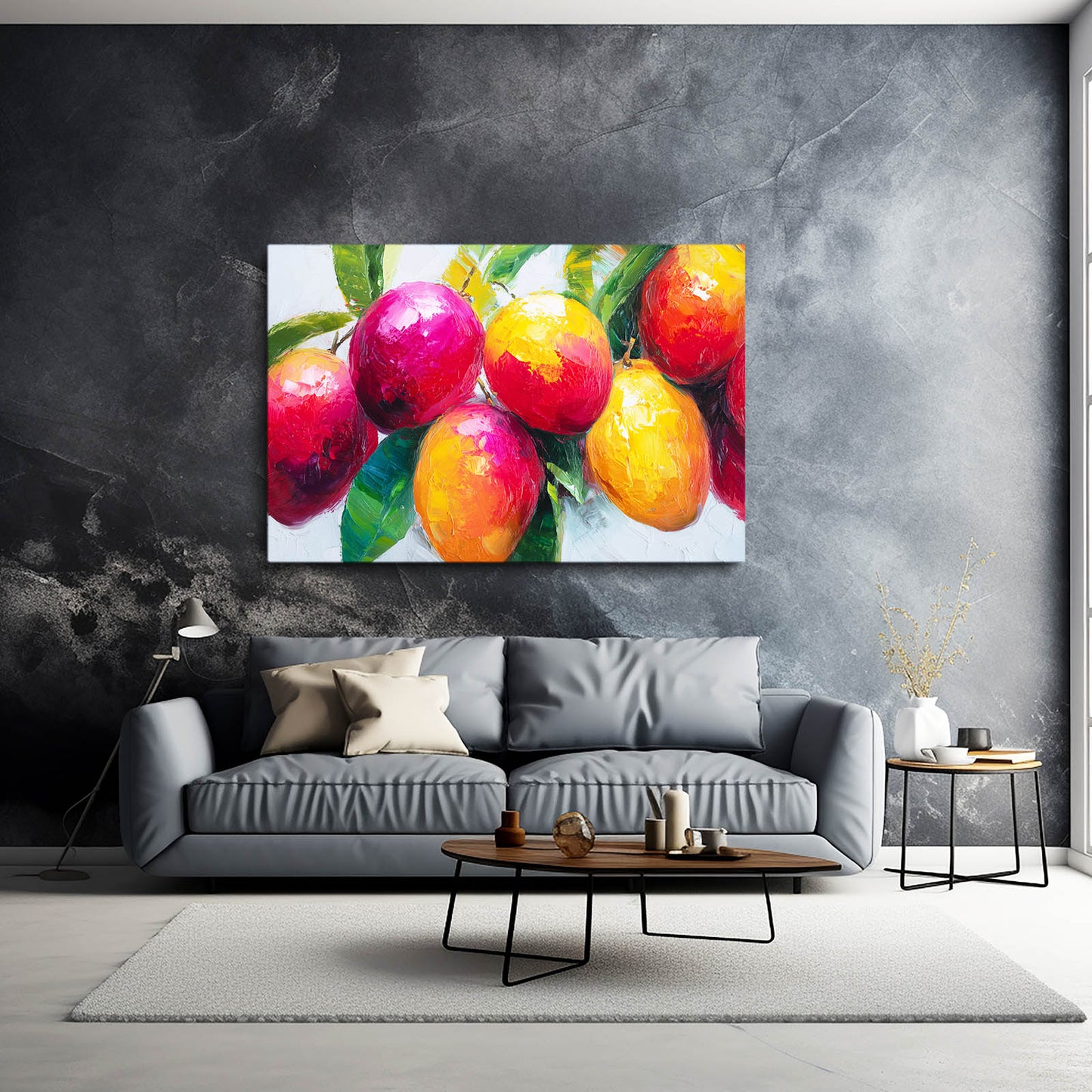 Vivid Mango Cluster Fruit Wall Art – styled in a furnished interior