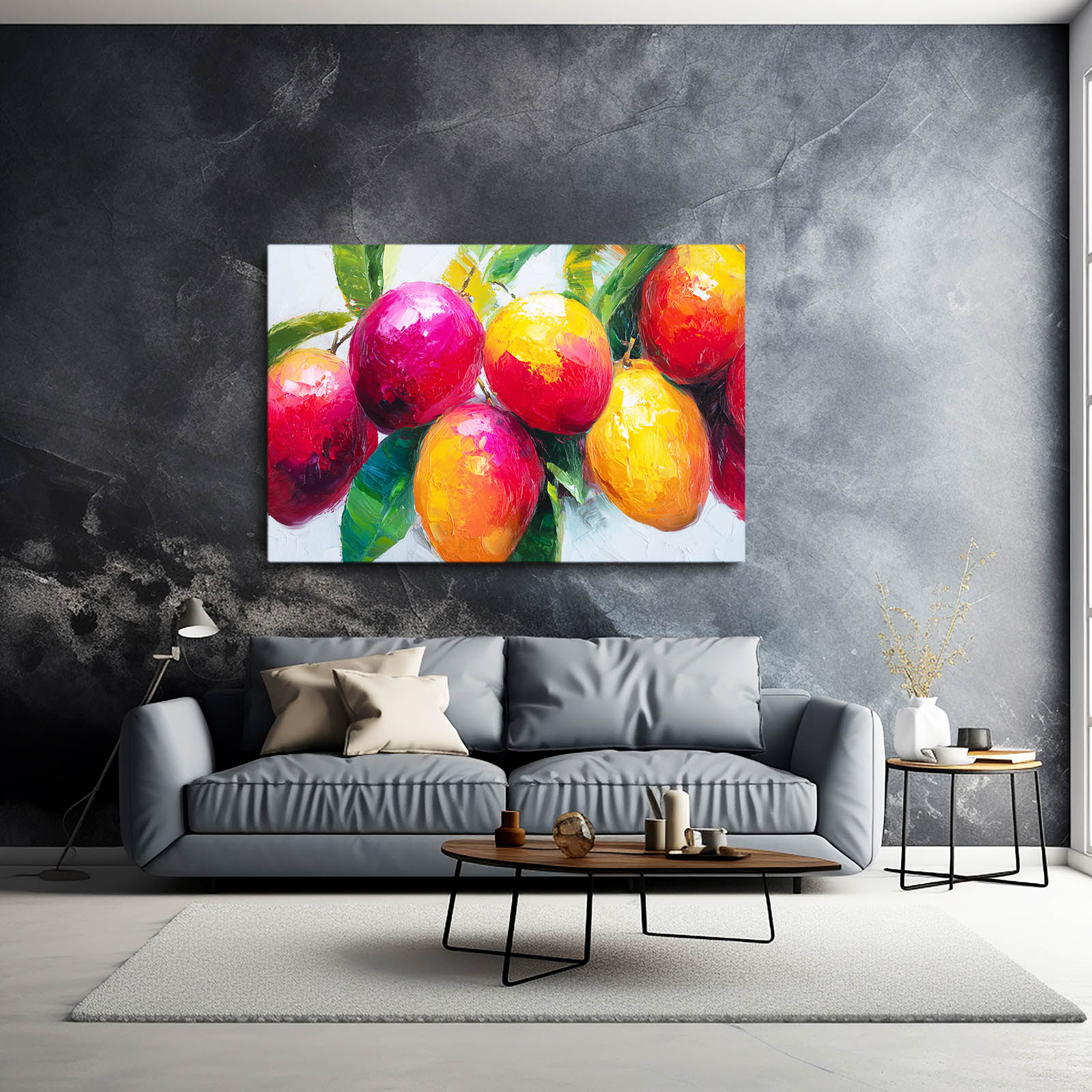 Vivid Mango Cluster Fruit Wall Art – styled in a furnished interior