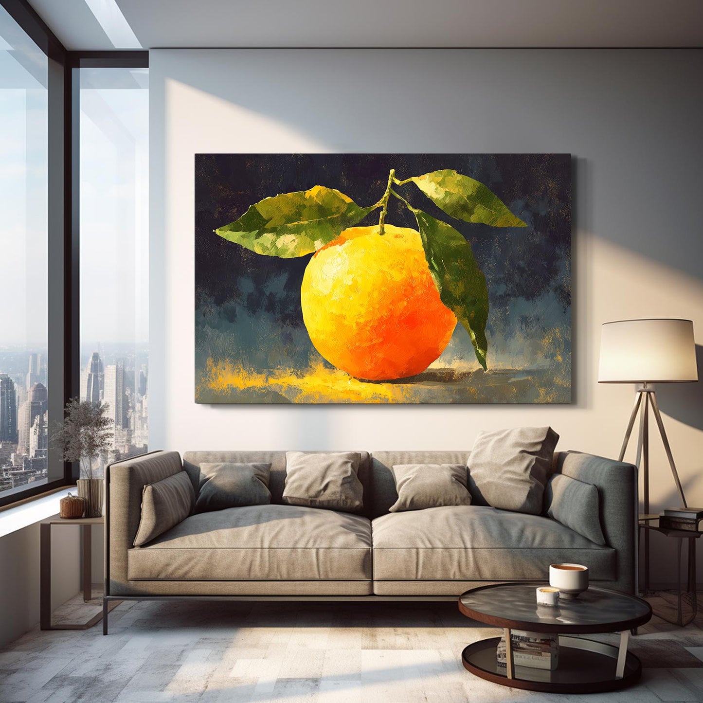 Vivid Orange Study Fruit Canvas Art – styled in a furnished interior