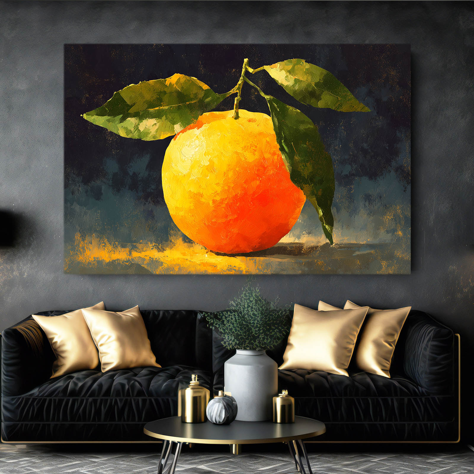 Vivid Orange Study Fruit Canvas Art – styled in a furnished interior