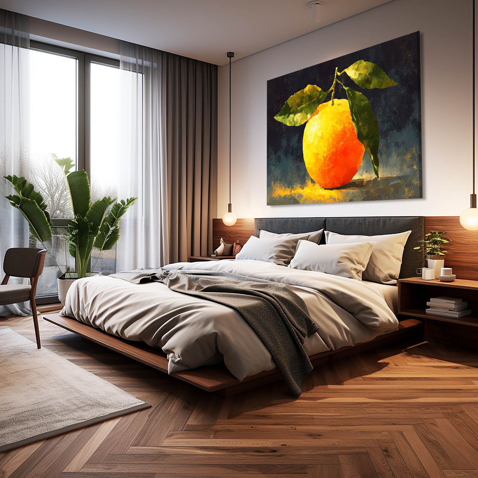 Vivid Orange Study Fruit Canvas Art – styled in a furnished interior