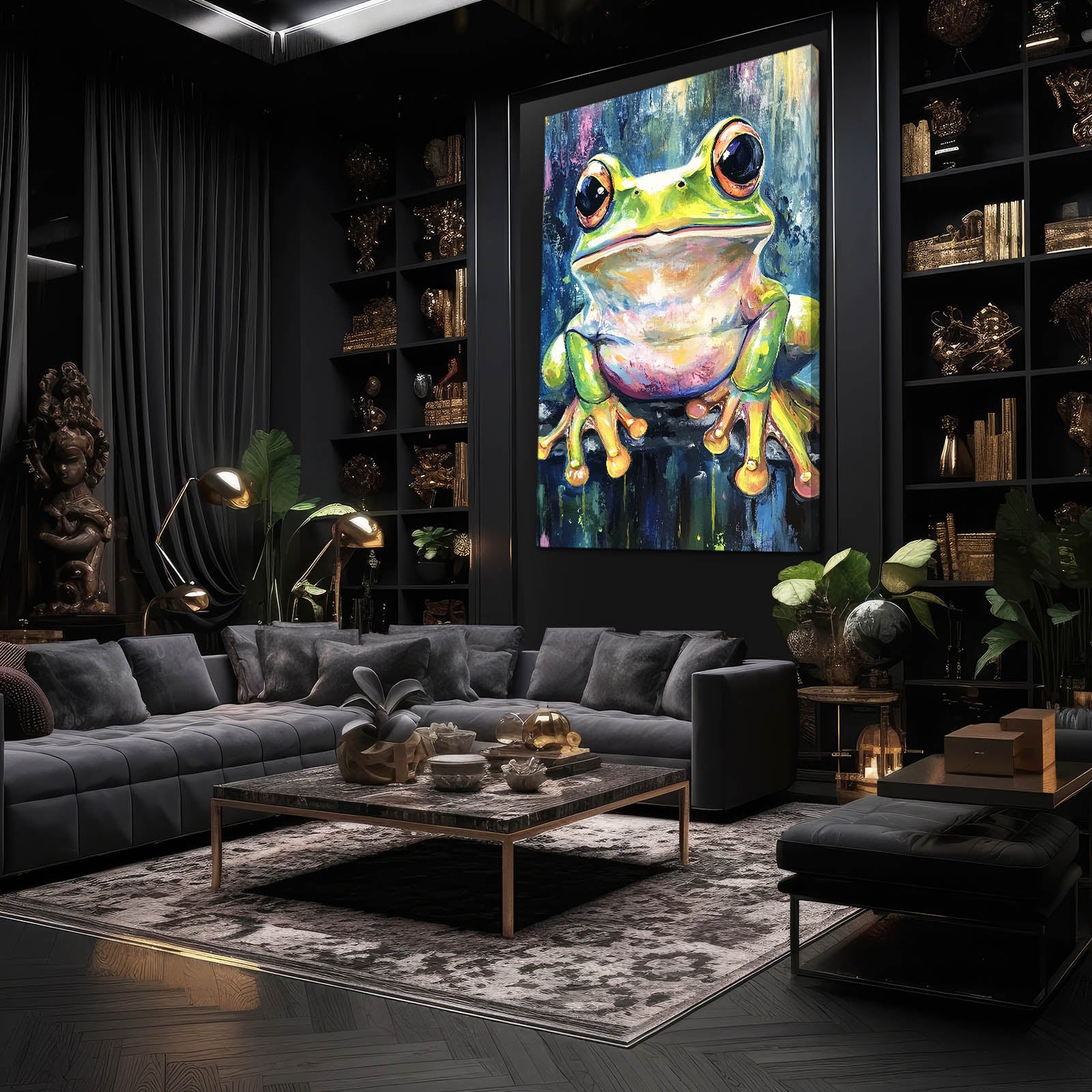 Vivid Painterly Treefrog Frog Prints – styled in a furnished interior