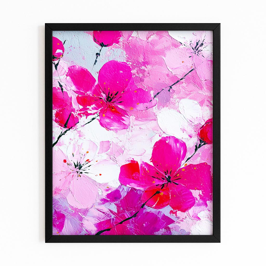 Vivid Petal Cluster Cherry Blossom Art – with Premium Black frame on white background