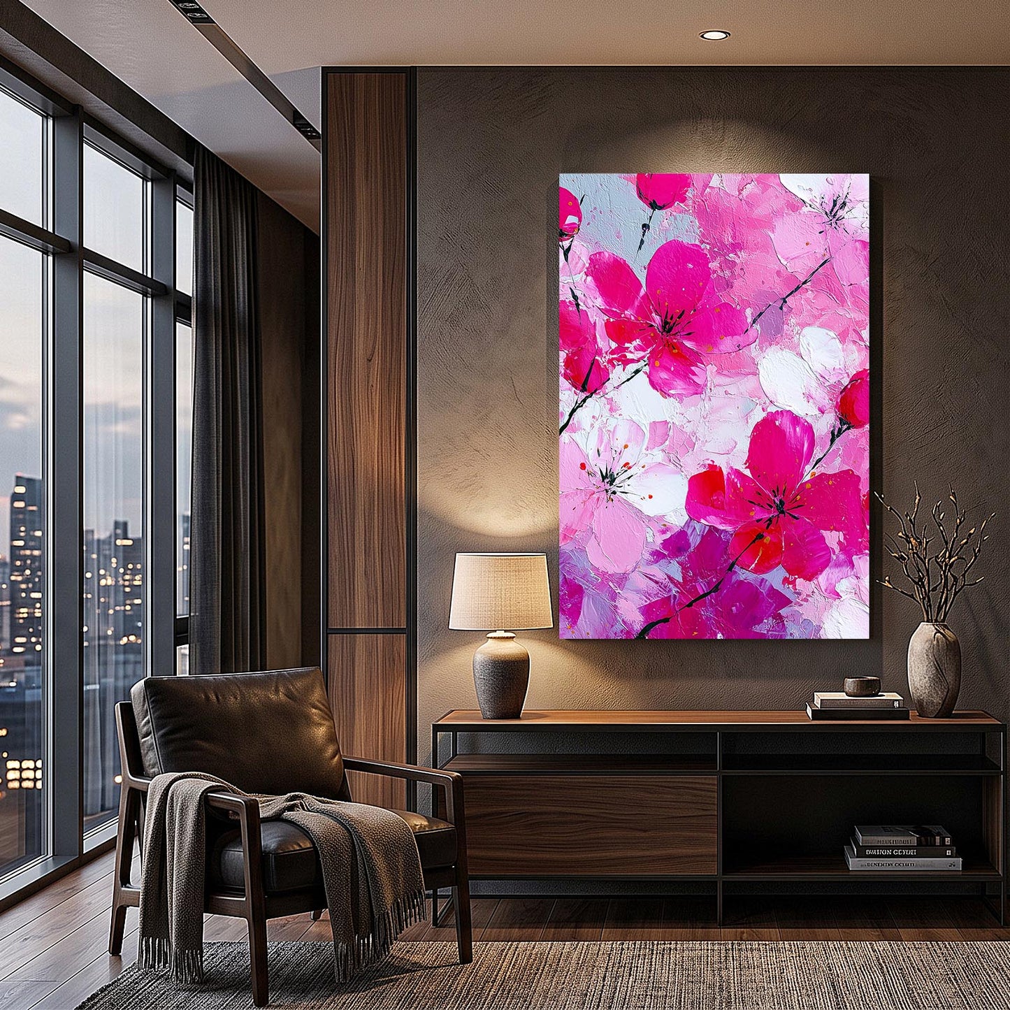 Vivid Petal Cluster Cherry Blossom Art – styled in a furnished interior