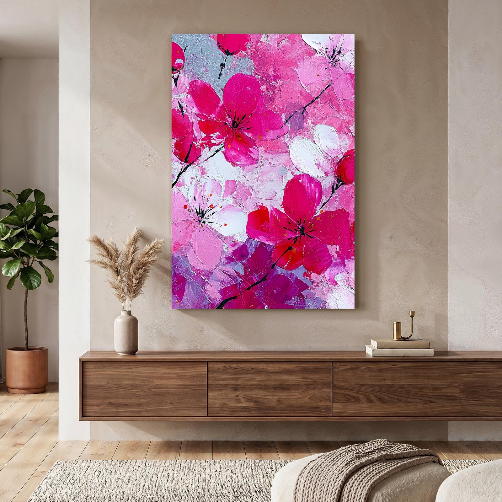 Vivid Petal Cluster Cherry Blossom Art – styled in a furnished interior