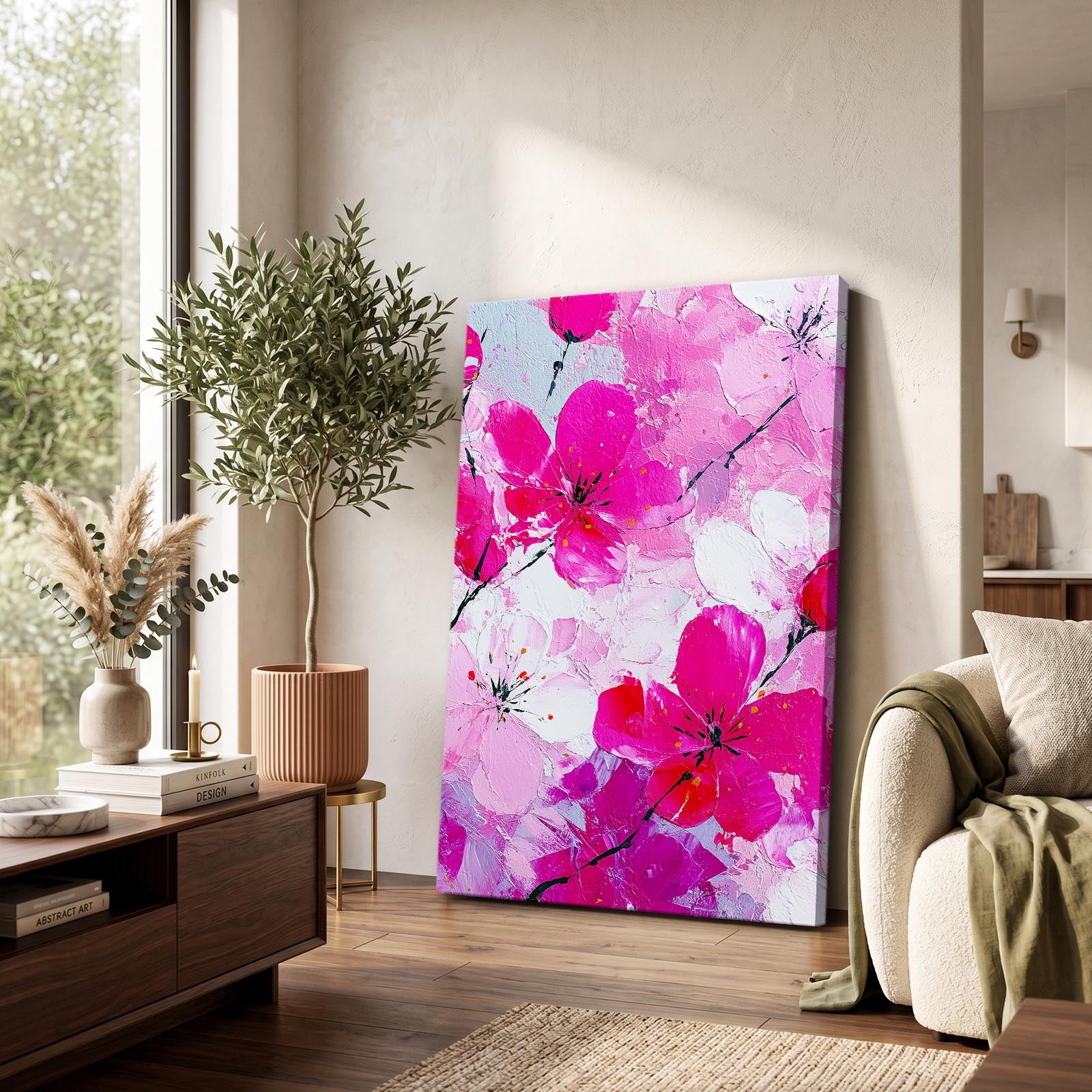 Vivid Petal Cluster Cherry Blossom Art – styled in a furnished interior